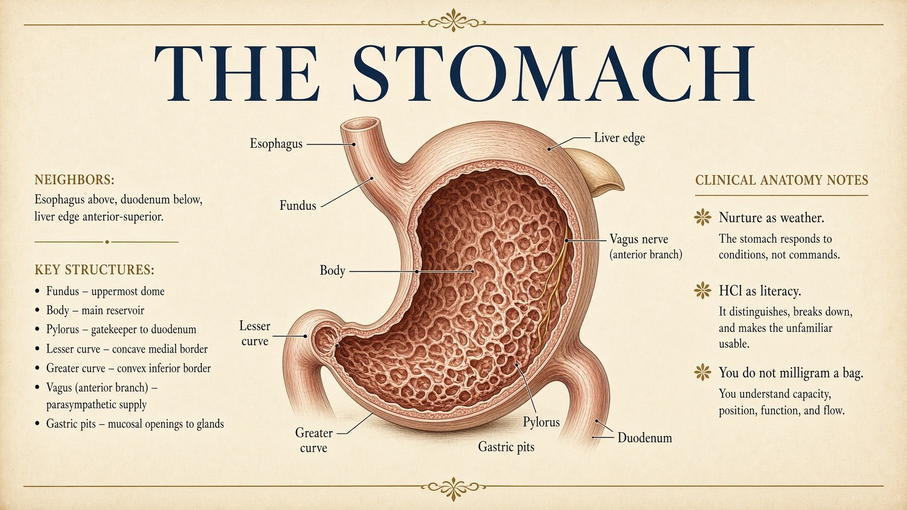 Banner: the stomach — fundus, body, pylorus