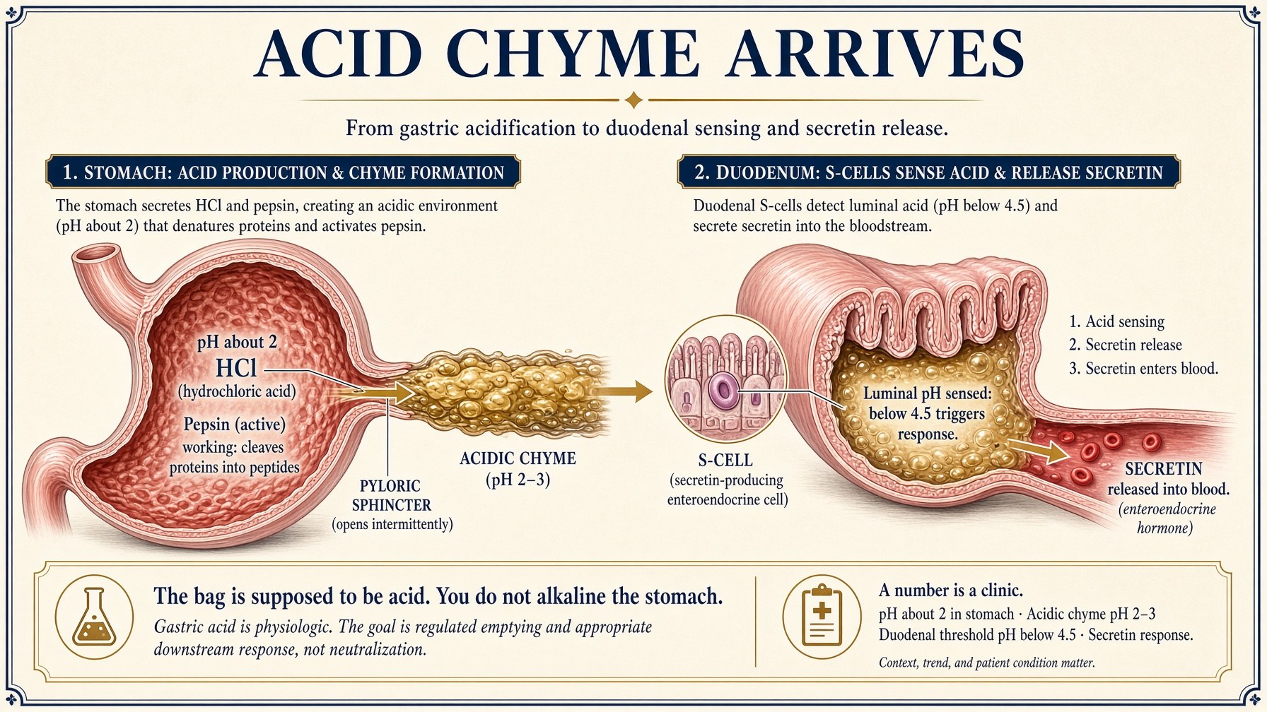 Acid chyme leaving the stomach at about pH 2; duodenal S-cells sending secretin