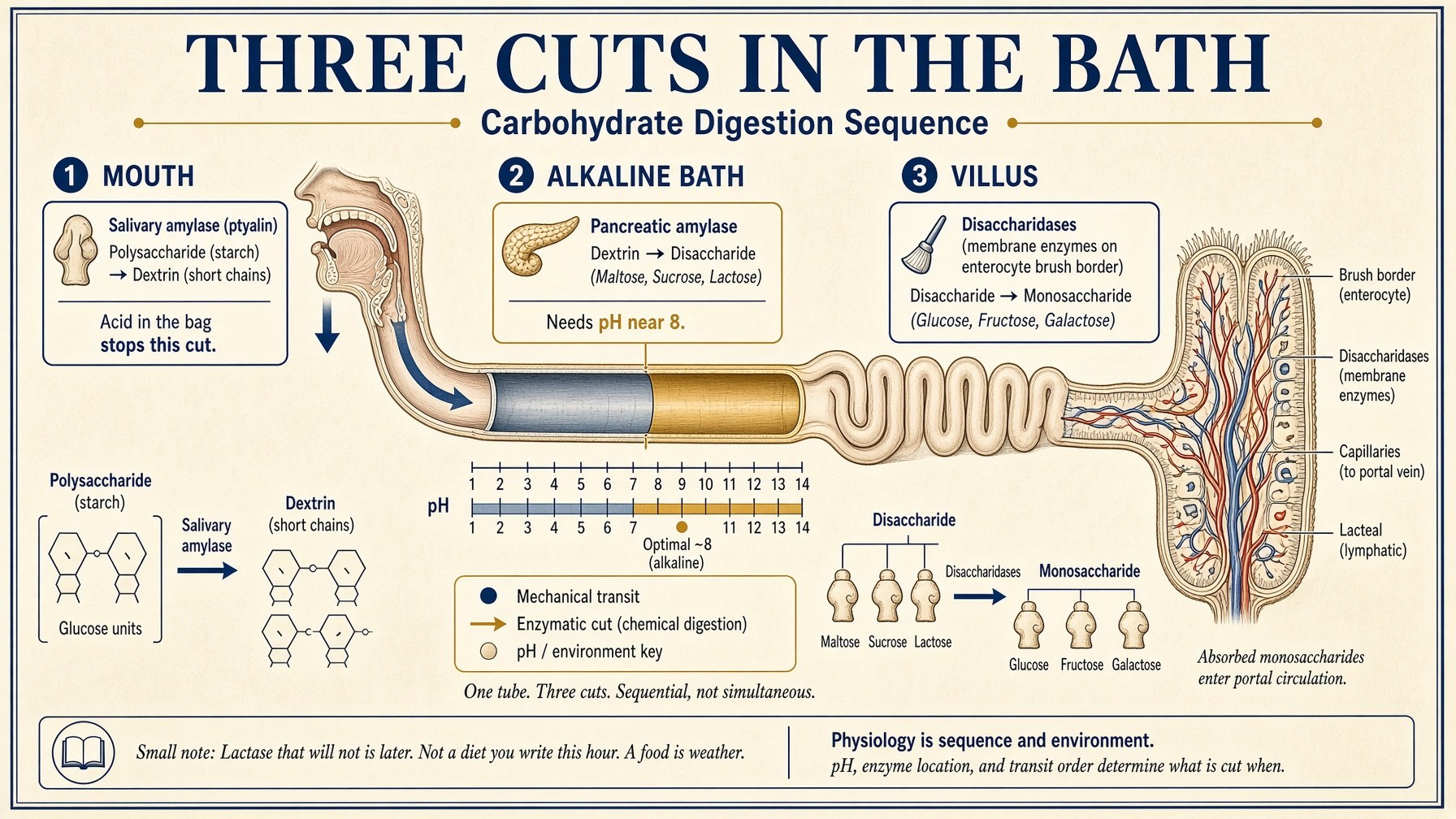 Three cuts in the bath: salivary, pancreatic, villus