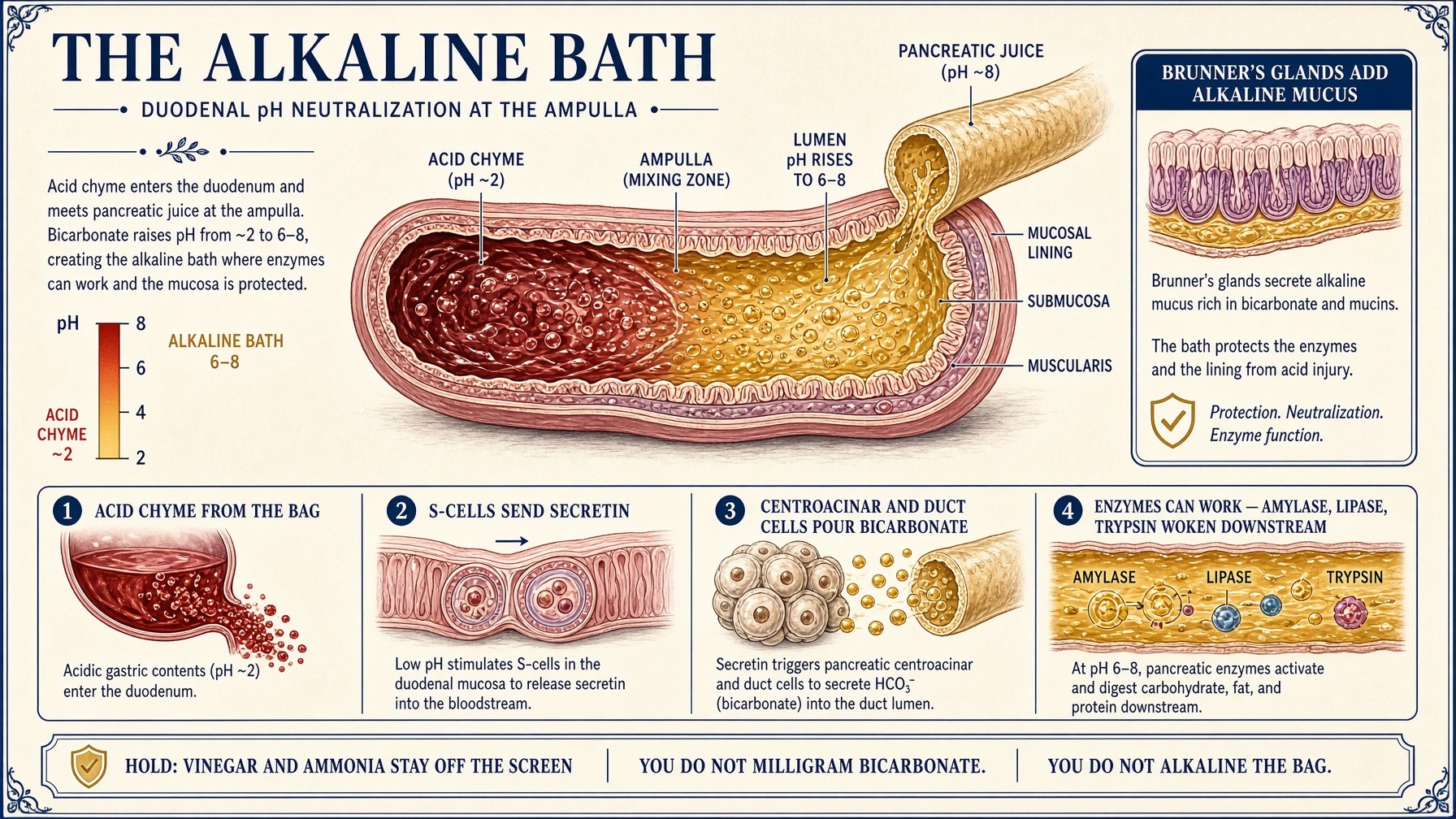 Banner: the alkaline bath — pancreatic juice meeting acid chyme
