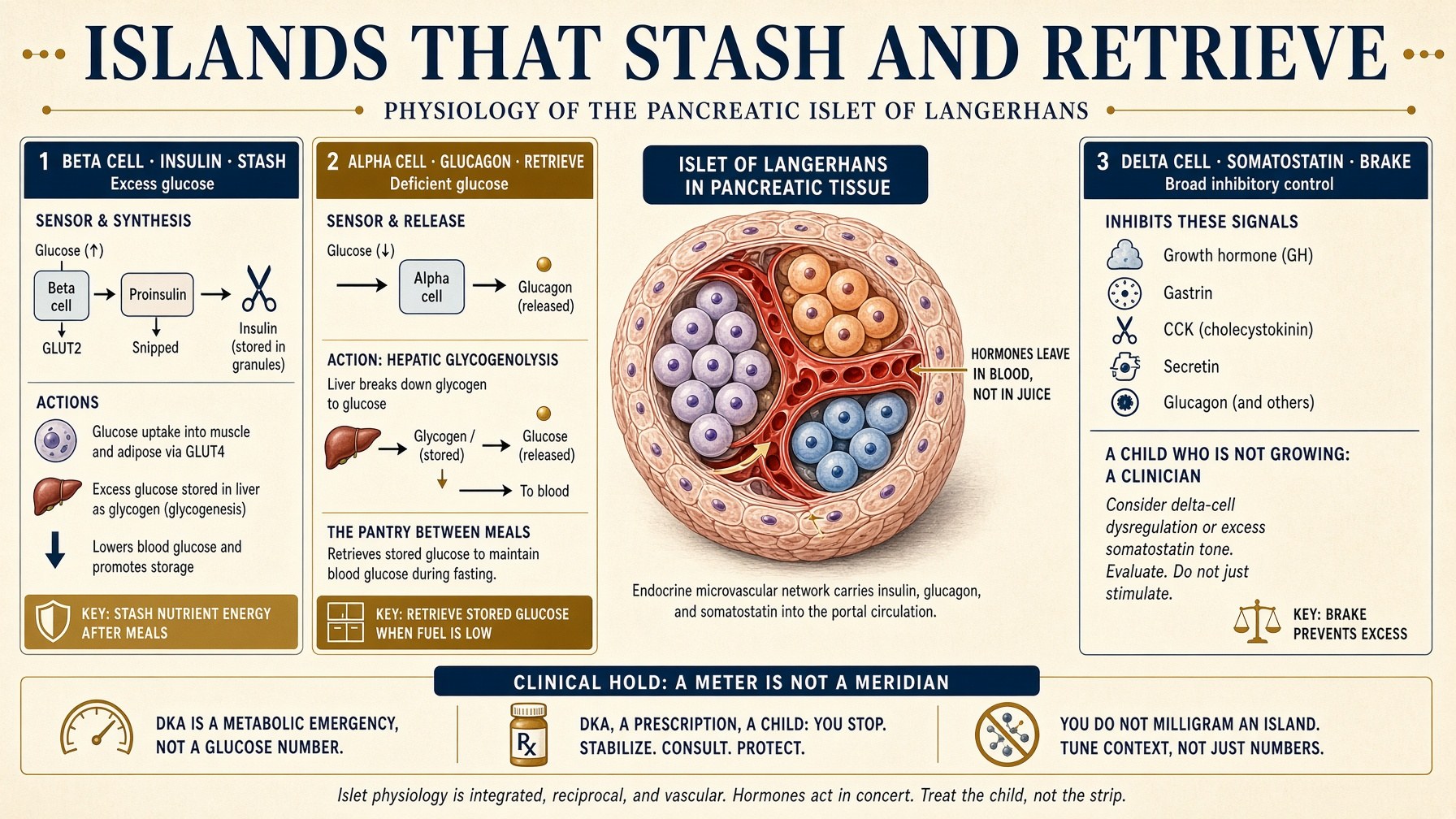 Banner: islands of Langerhans — insulin stashes, glucagon retrieves, somatostatin brakes