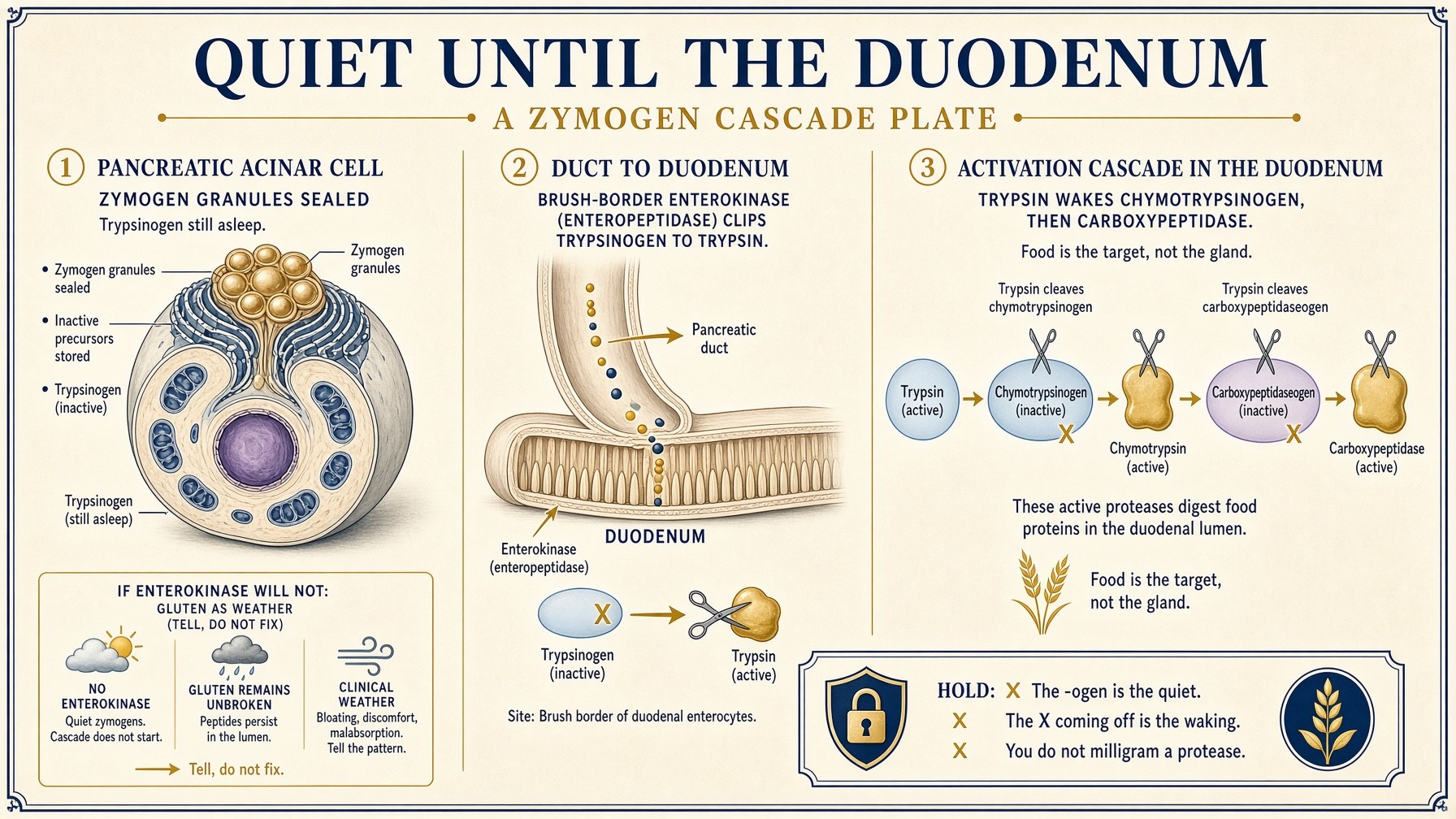 Quiet until the duodenum — enterokinase wakes trypsin, then trypsin wakes the rest