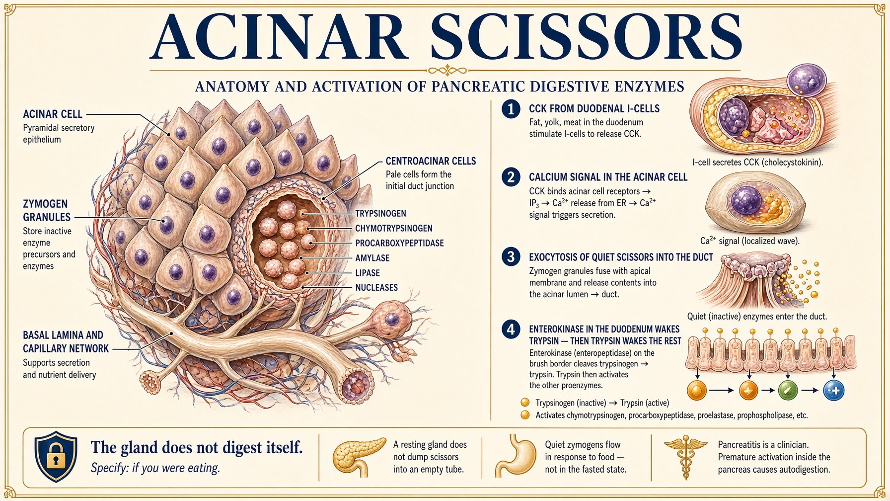 Banner: acinar scissors — zymogen granules, CCK as the ask