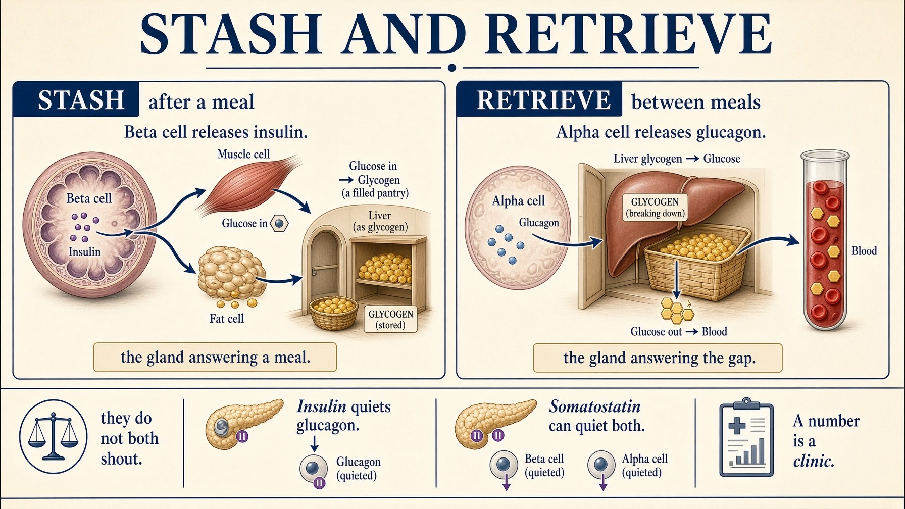 Stash and retrieve — insulin after a meal, glucagon between meals