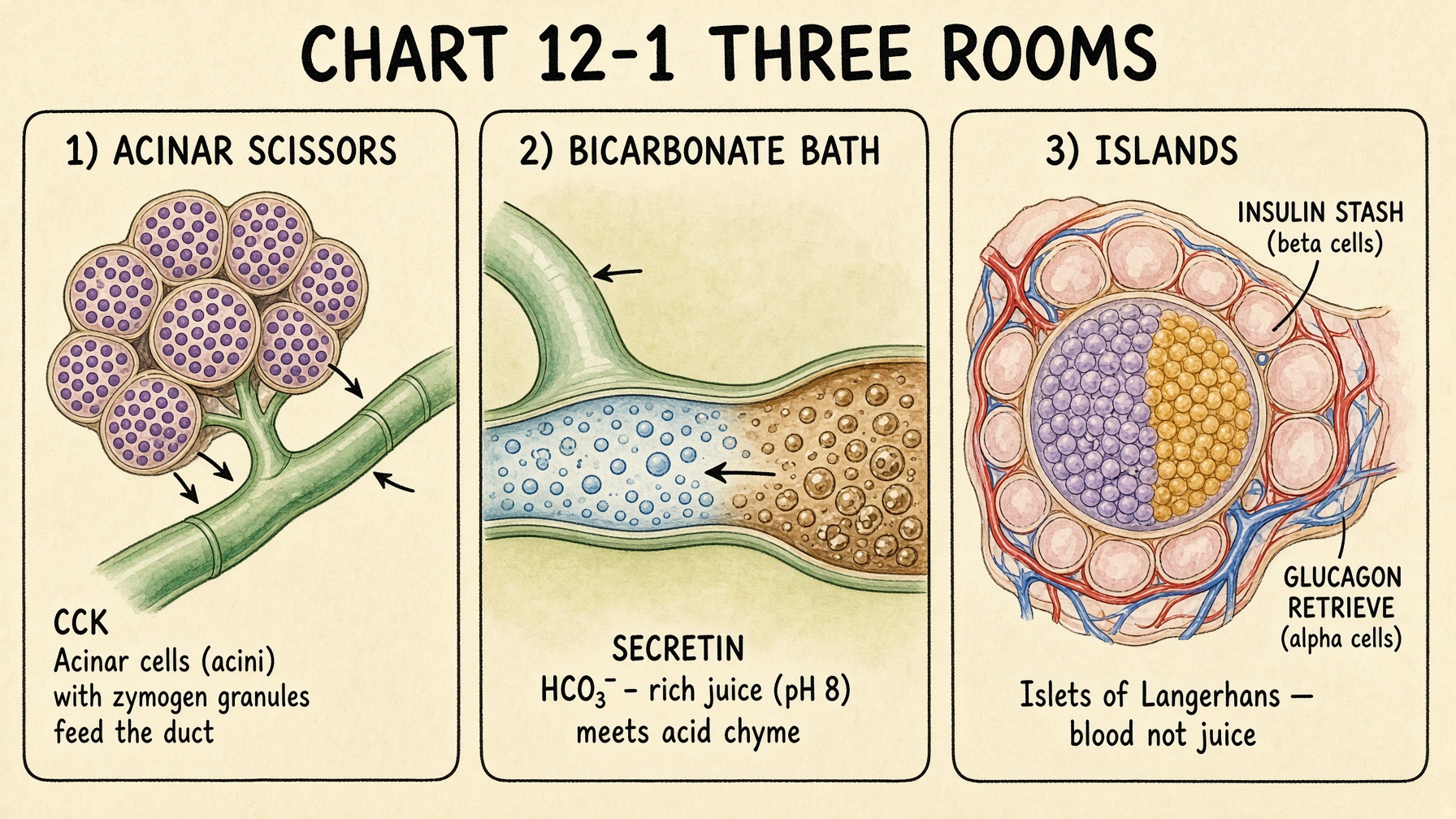 Banner: three rooms of the pancreas — scissors, bath, islands