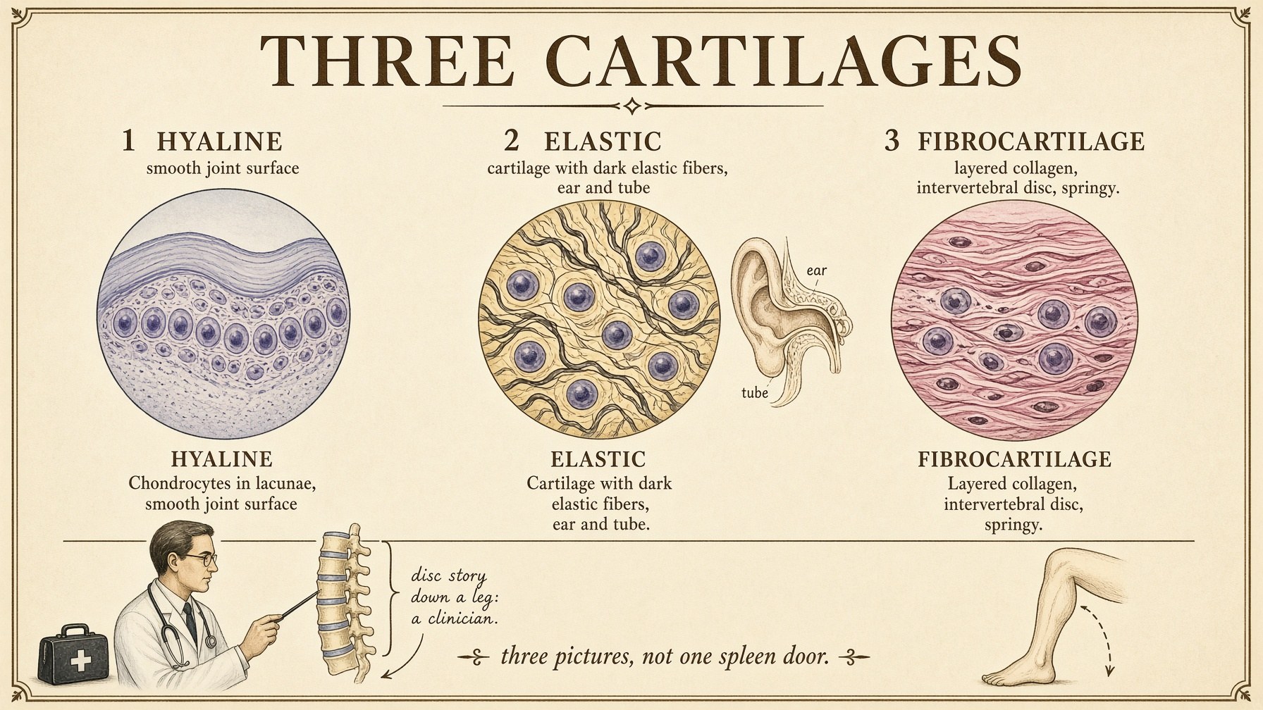 Three cartilages: hyaline joint surface, elastic tubes and ears, fibrocartilage disc