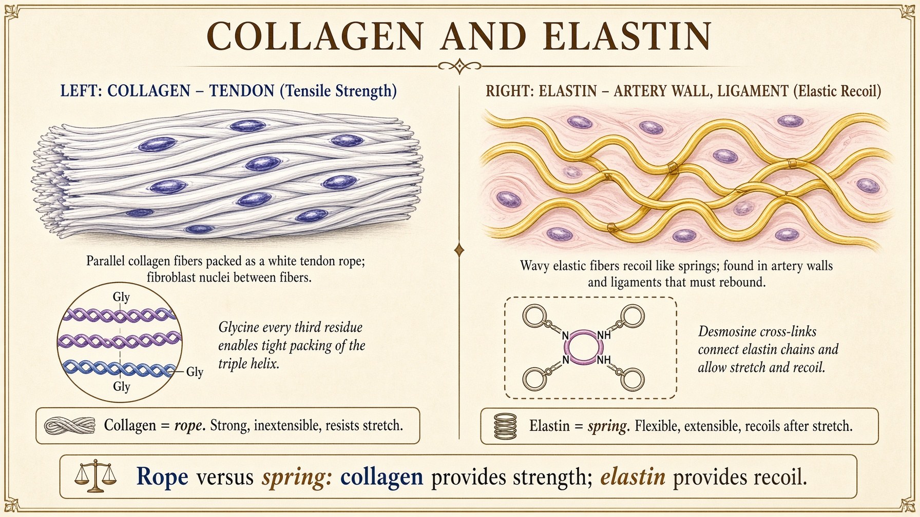 Collagen as the tendon rope, elastin as the spring