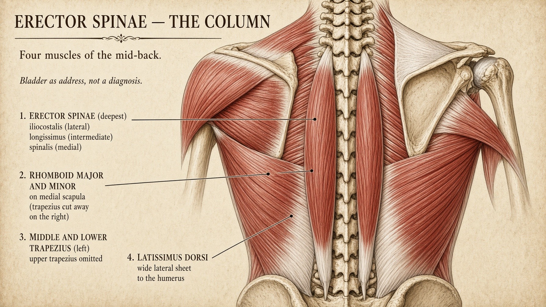 Banner: four mid-back muscles — erector columns, rhomboids, mid and lower trapezius, latissimus