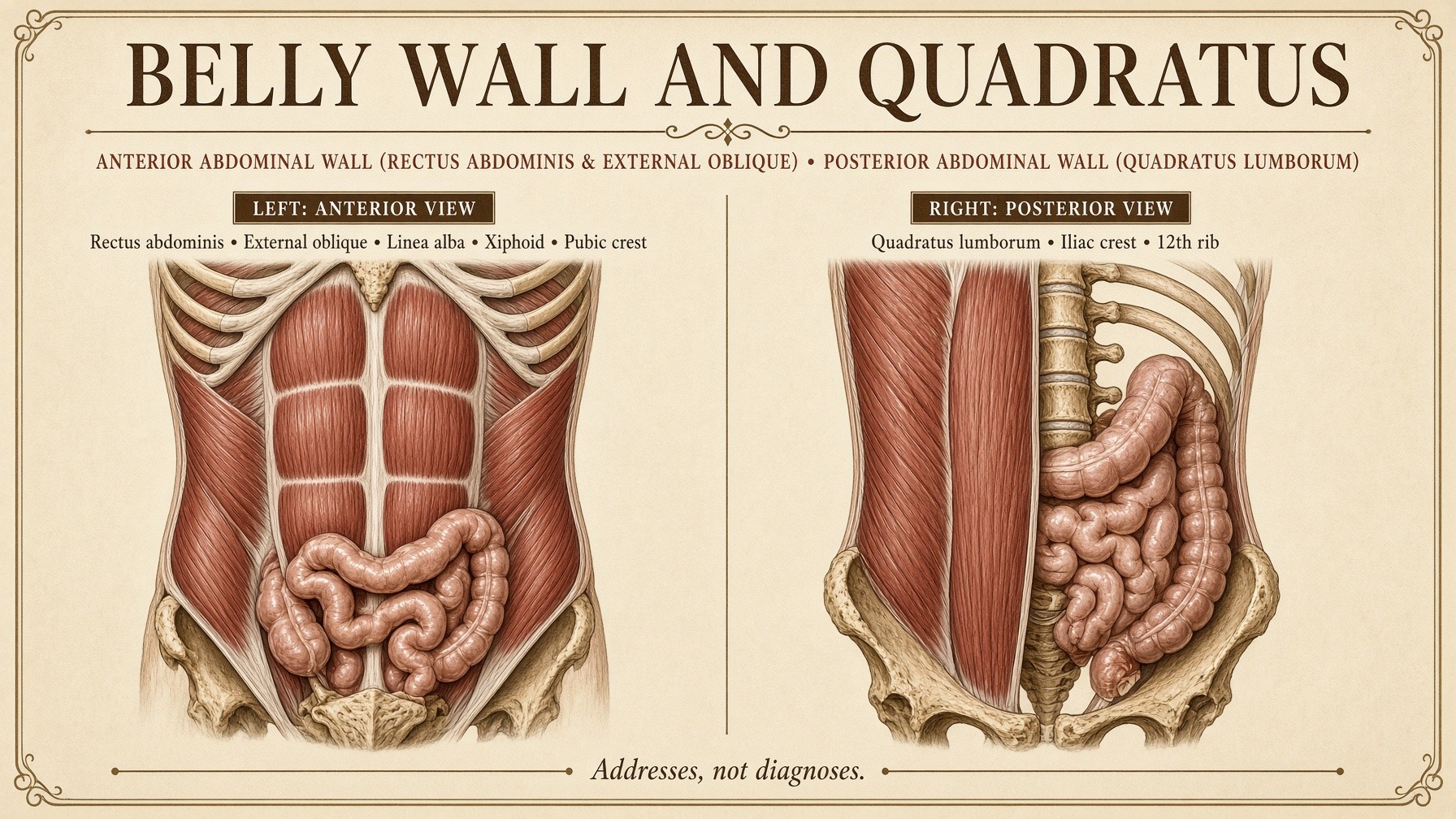 Banner: belly wall and quadratus — rectus, oblique, the square