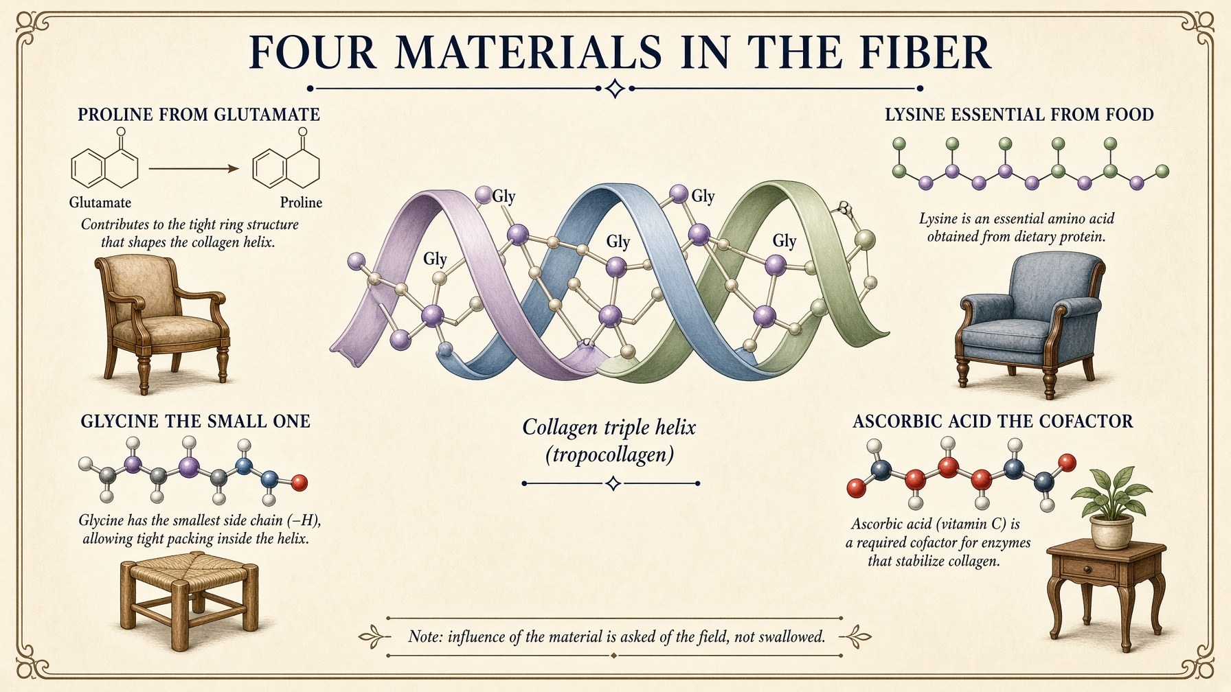 Collagen triple helix with proline, lysine, glycine, ascorbate as the fiber’s furniture