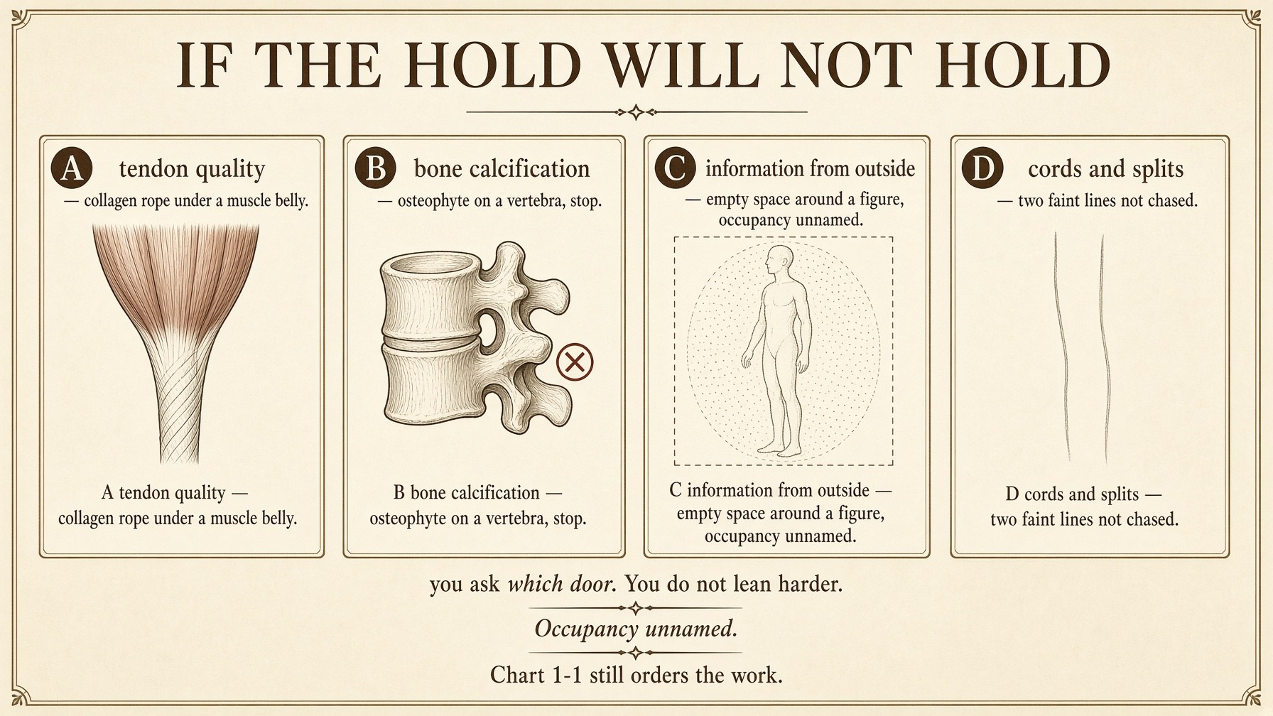 If the hold will not hold: A tendon quality, B bone, C outside, D cords and splits