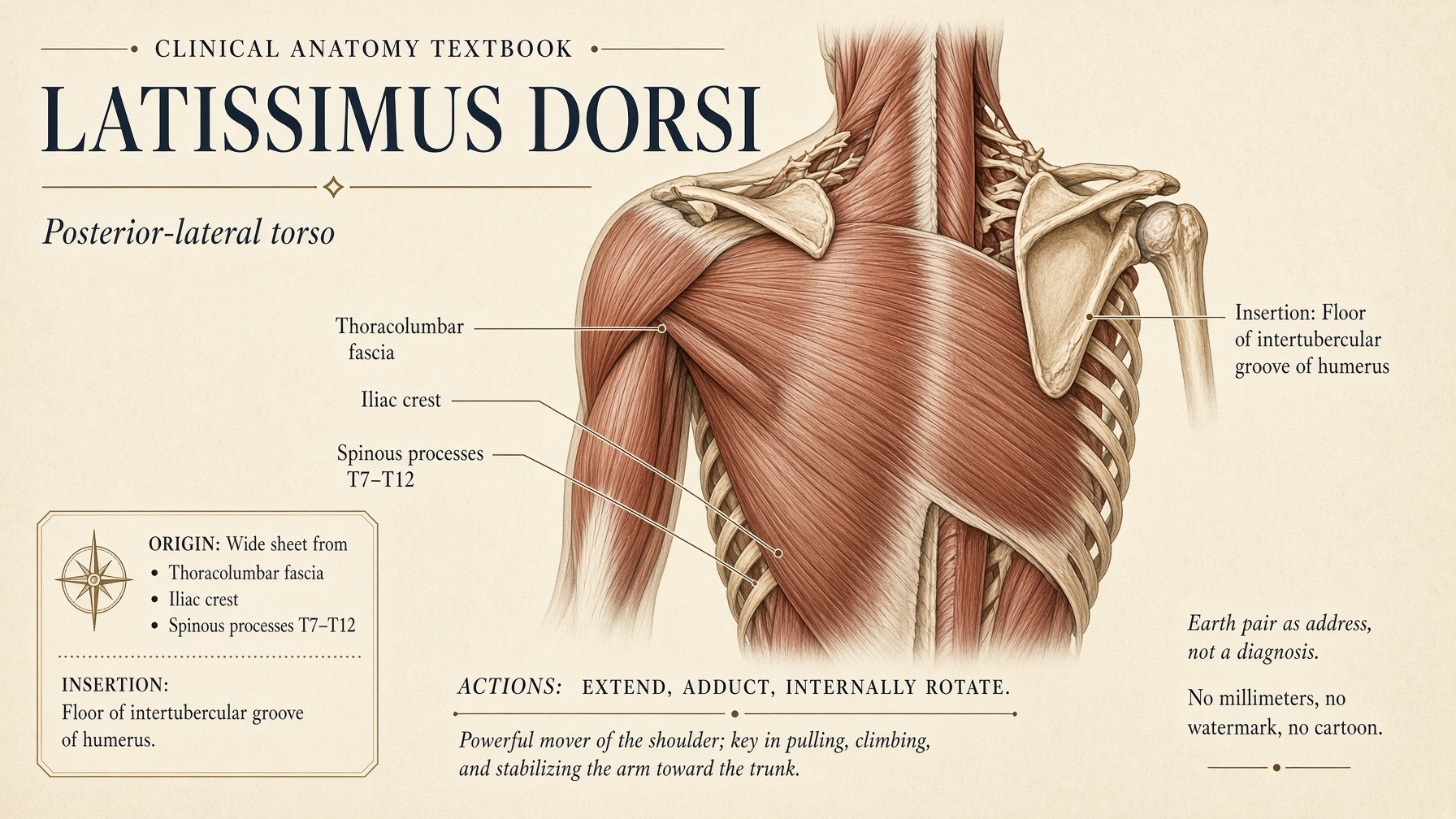 Latissimus dorsi from fascia and iliac crest to the intertubercular groove