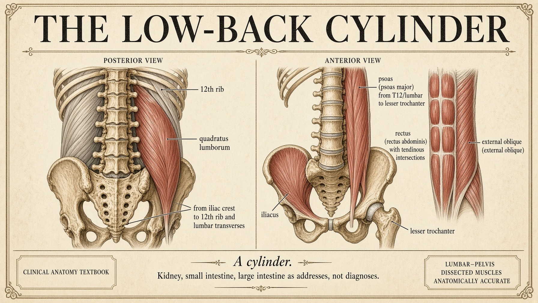Banner: the low-back cylinder — psoas, iliacus, rectus, oblique, quadratus