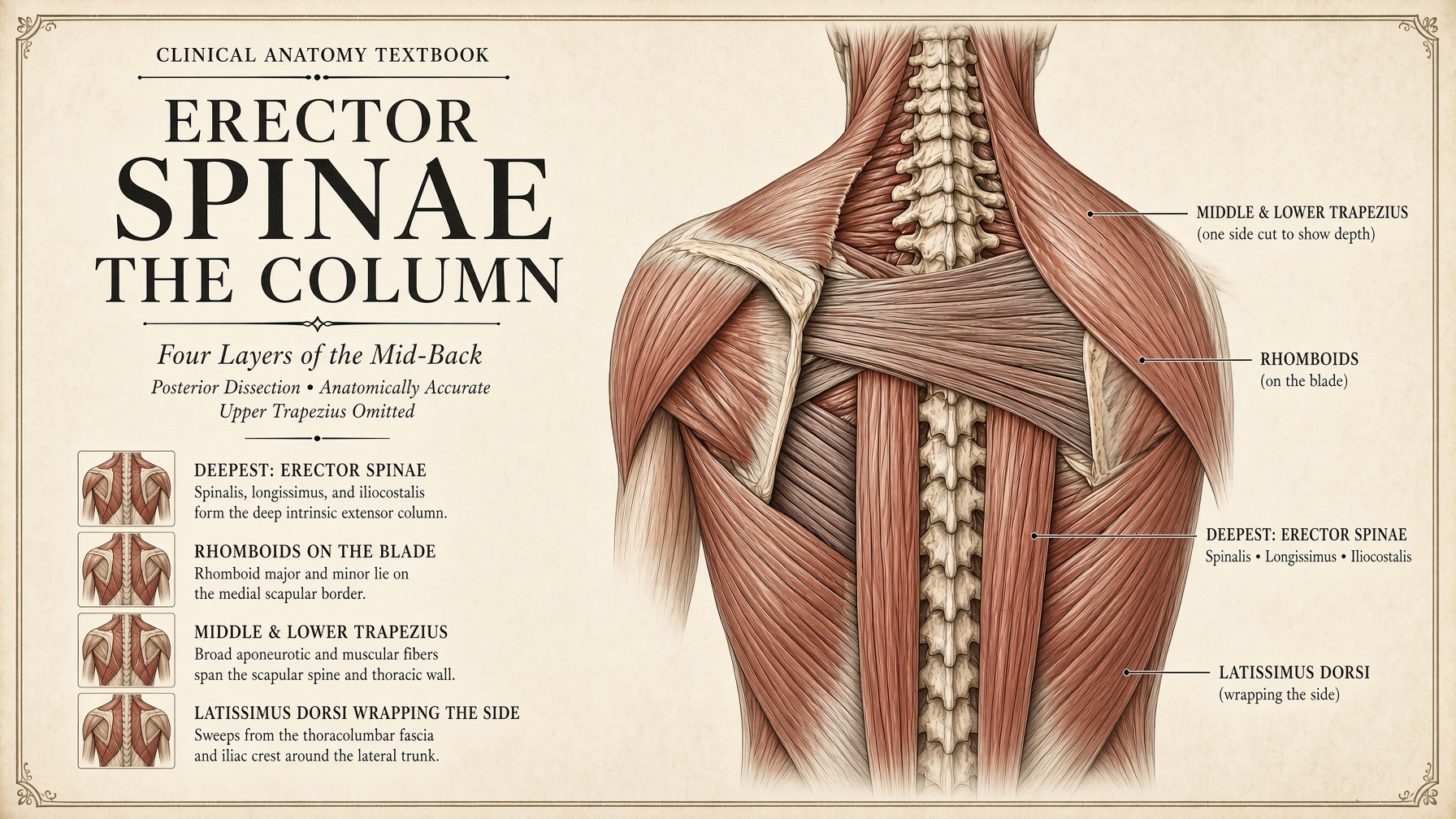 The mid-back stack: erector, rhomboid, mid and lower trapezius, latissimus
