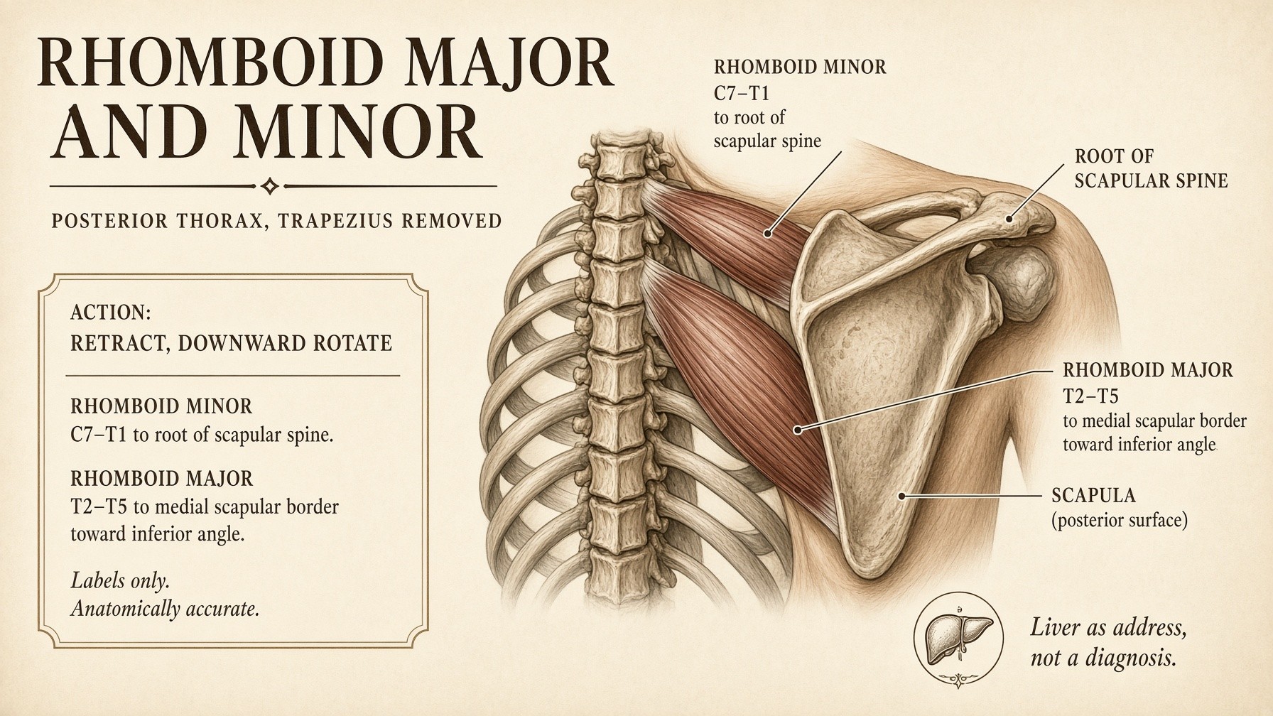 Rhomboid minor and major from C7–T5 to the medial scapula