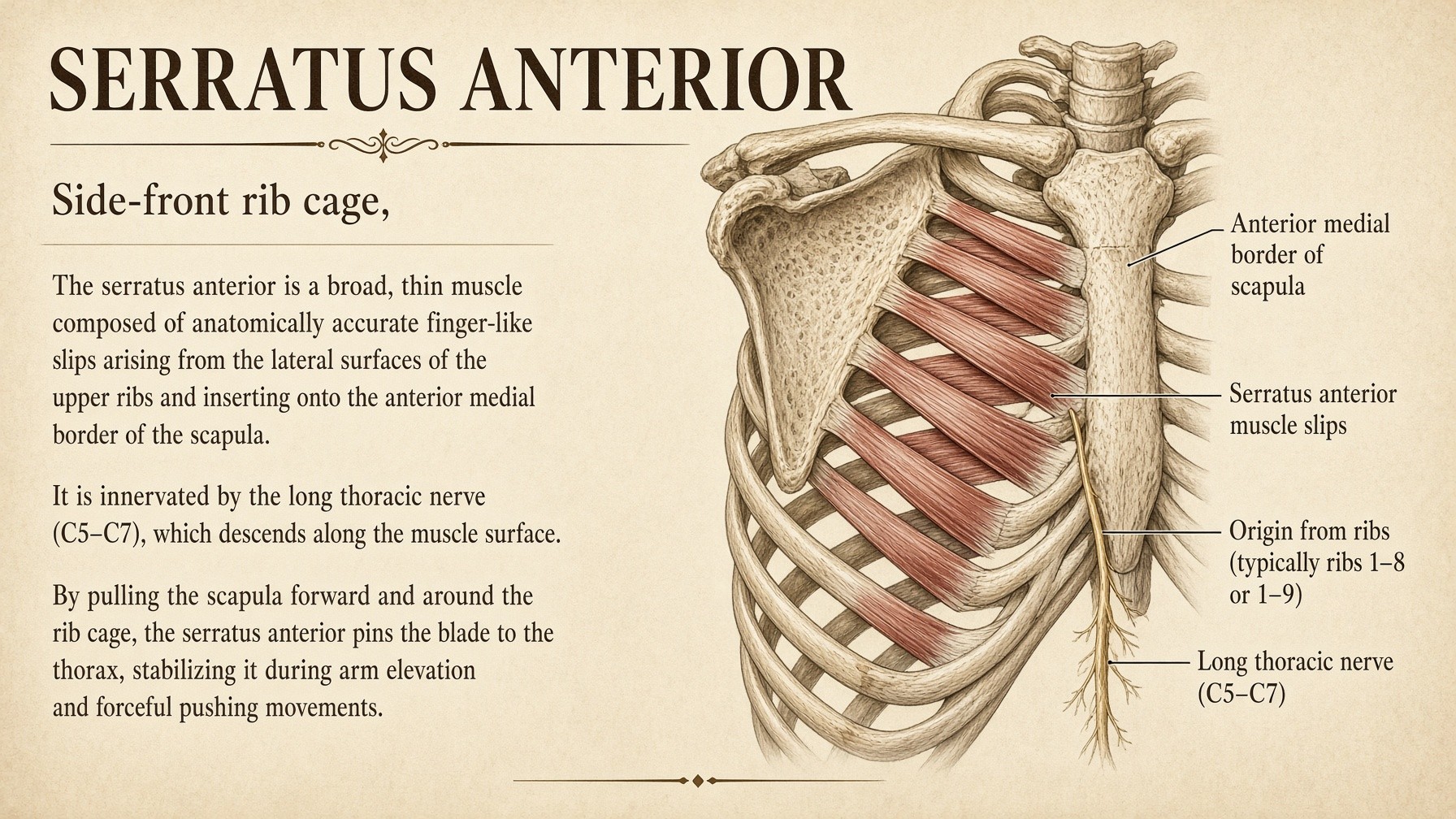 Serratus anterior from the ribs to the anterior medial scapula — pictured from the front