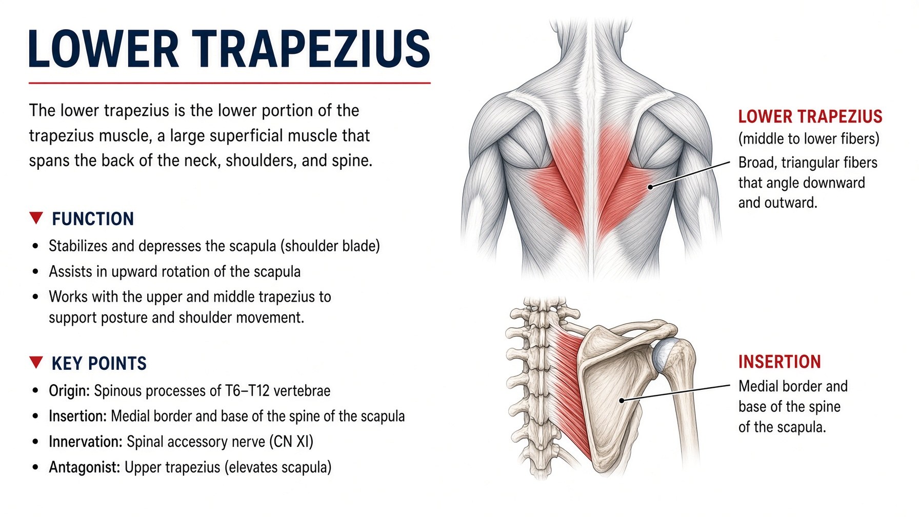 Lower trapezius: T6–T12 to the root of the spine of the scapula — depresses the blade
