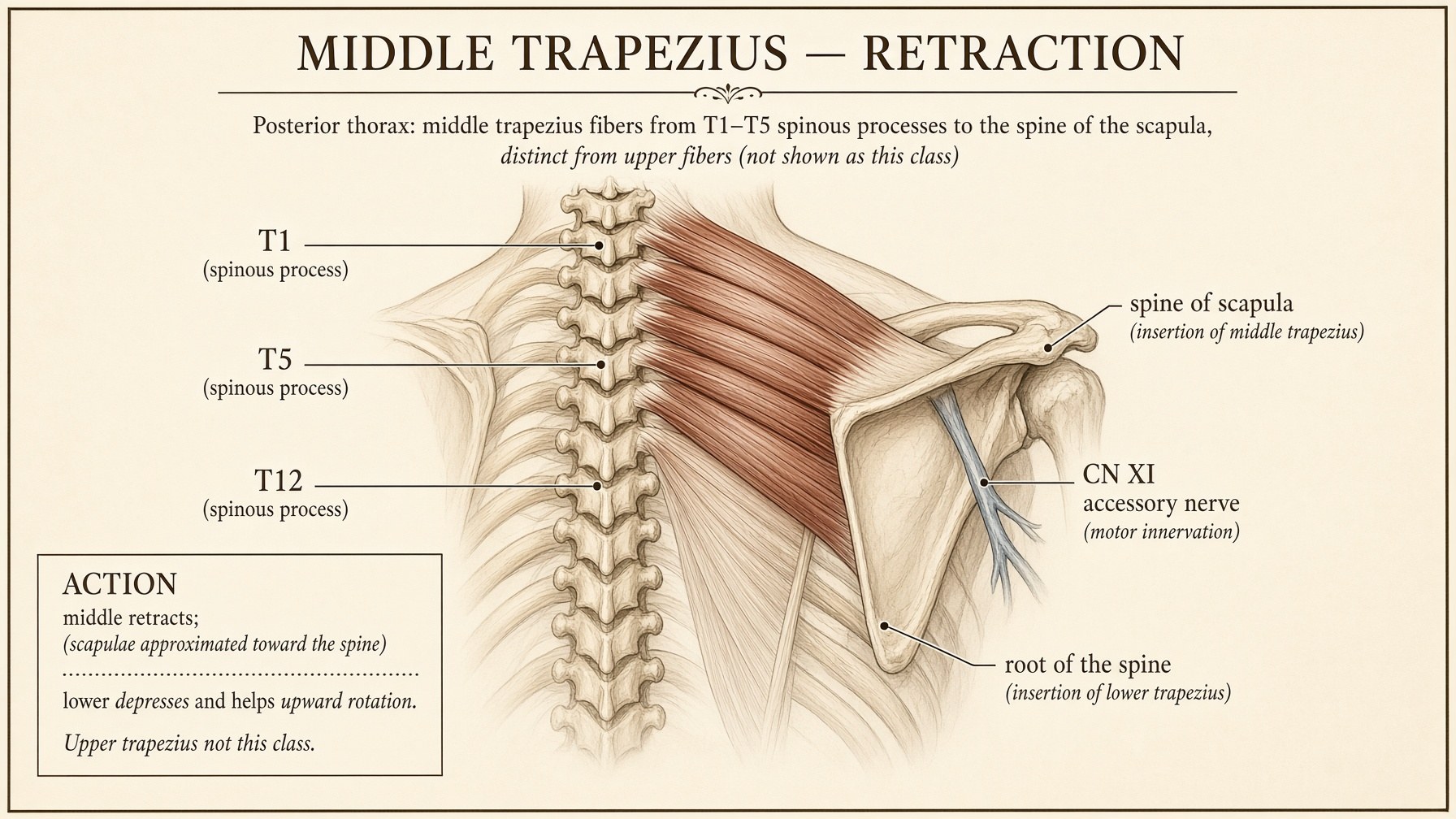 Middle trapezius from T1–T5 to the spine of the scapula — retracts the blade