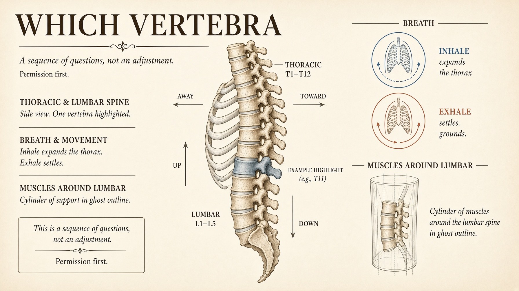 Which vertebra, which direction, which breath — a sequence of questions, not an adjustment