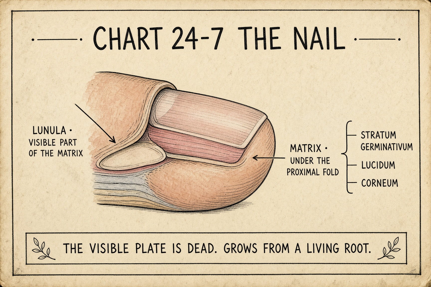 Chart 24-7: nail bed, lunula, white spots, ridges, breaks, hangnails, biofield in the fingers