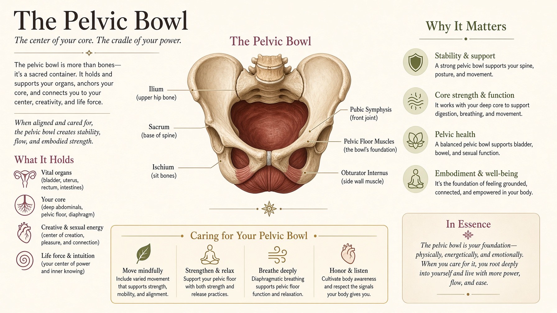 Poster: ilium, sacrum, ischium, pubic symphysis, pelvic floor, obturator internus