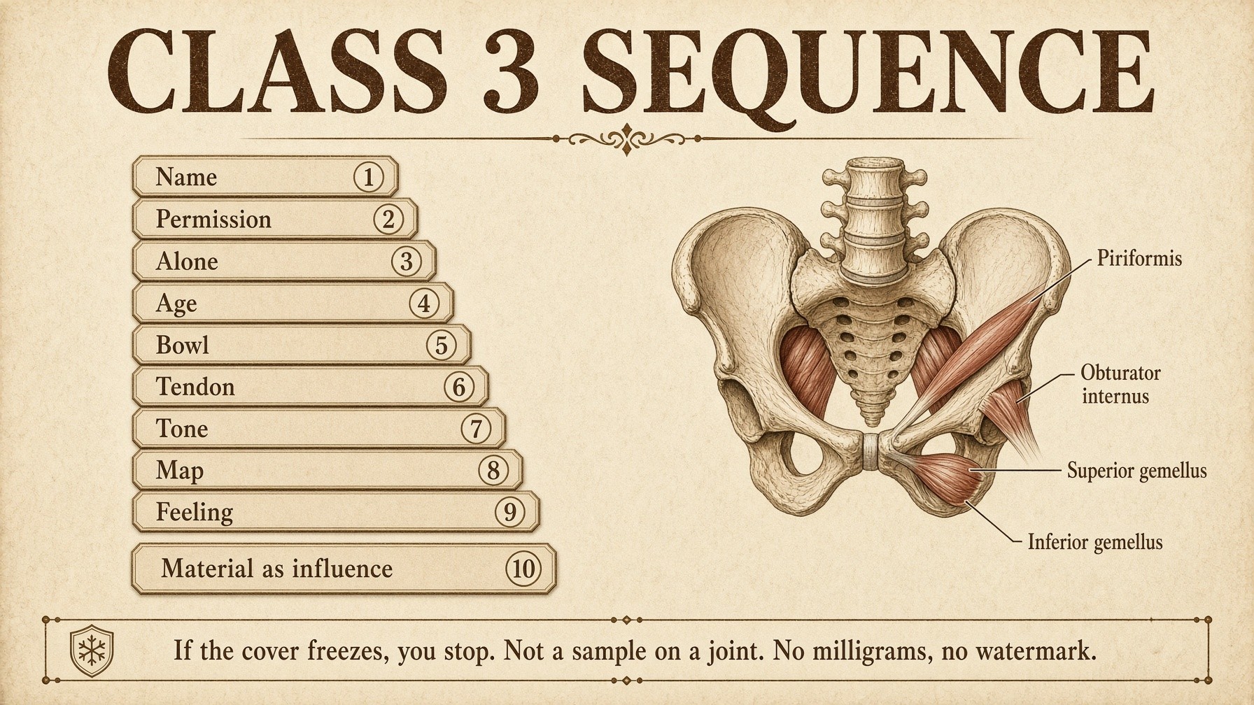 Banner: Class 3 sequence — permission, the bowl, the fiber, the door, then influence