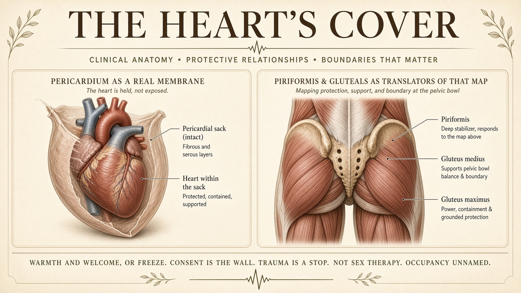 Banner: the heart’s cover — pericardium as membrane, piriformis and gluteals as translators