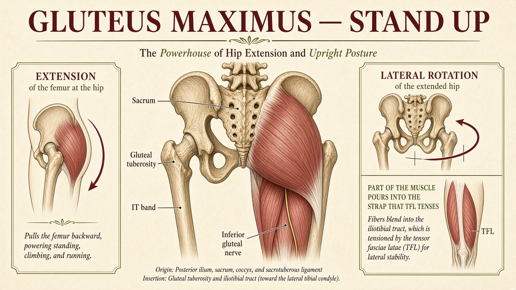 Poster: gluteus maximus from sacrum and ilium into the gluteal tuberosity and the IT band