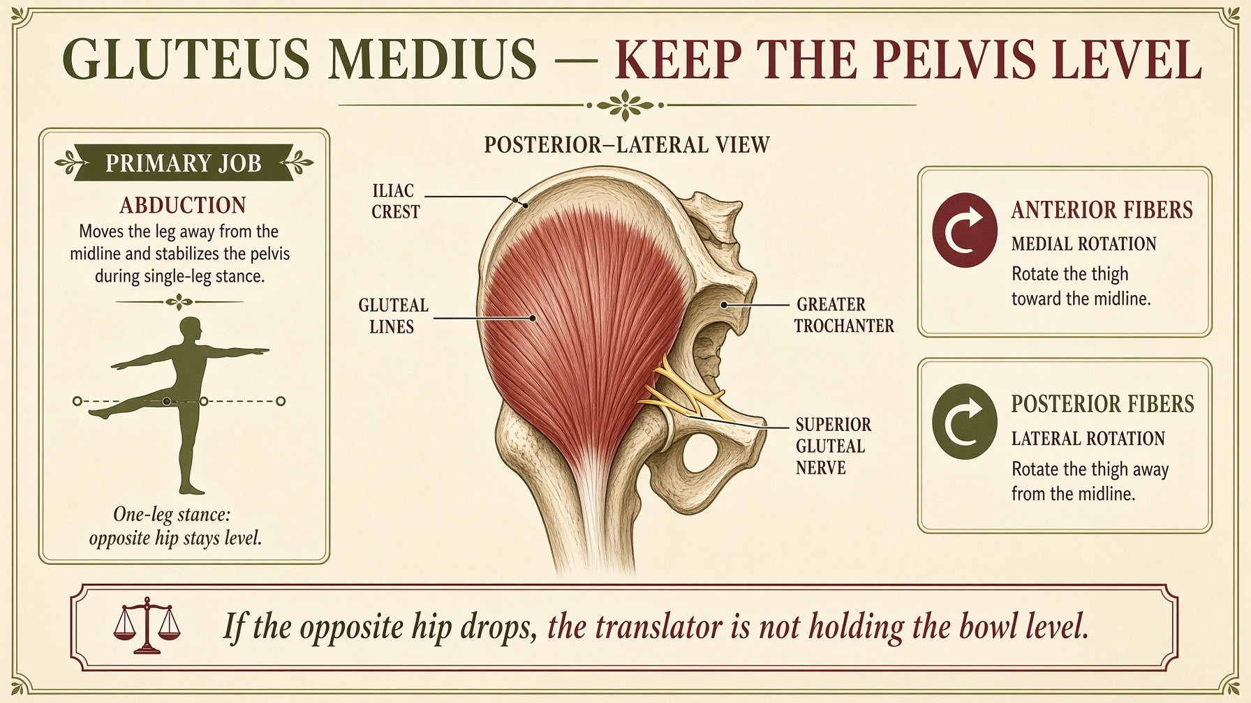 Poster: gluteus medius from outer ilium to greater trochanter — keep the pelvis level