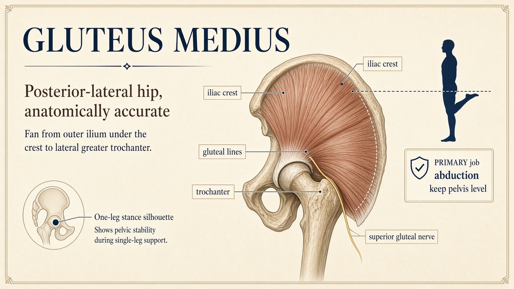 Banner: gluteus medius from outer ilium to greater trochanter — keep the pelvis level