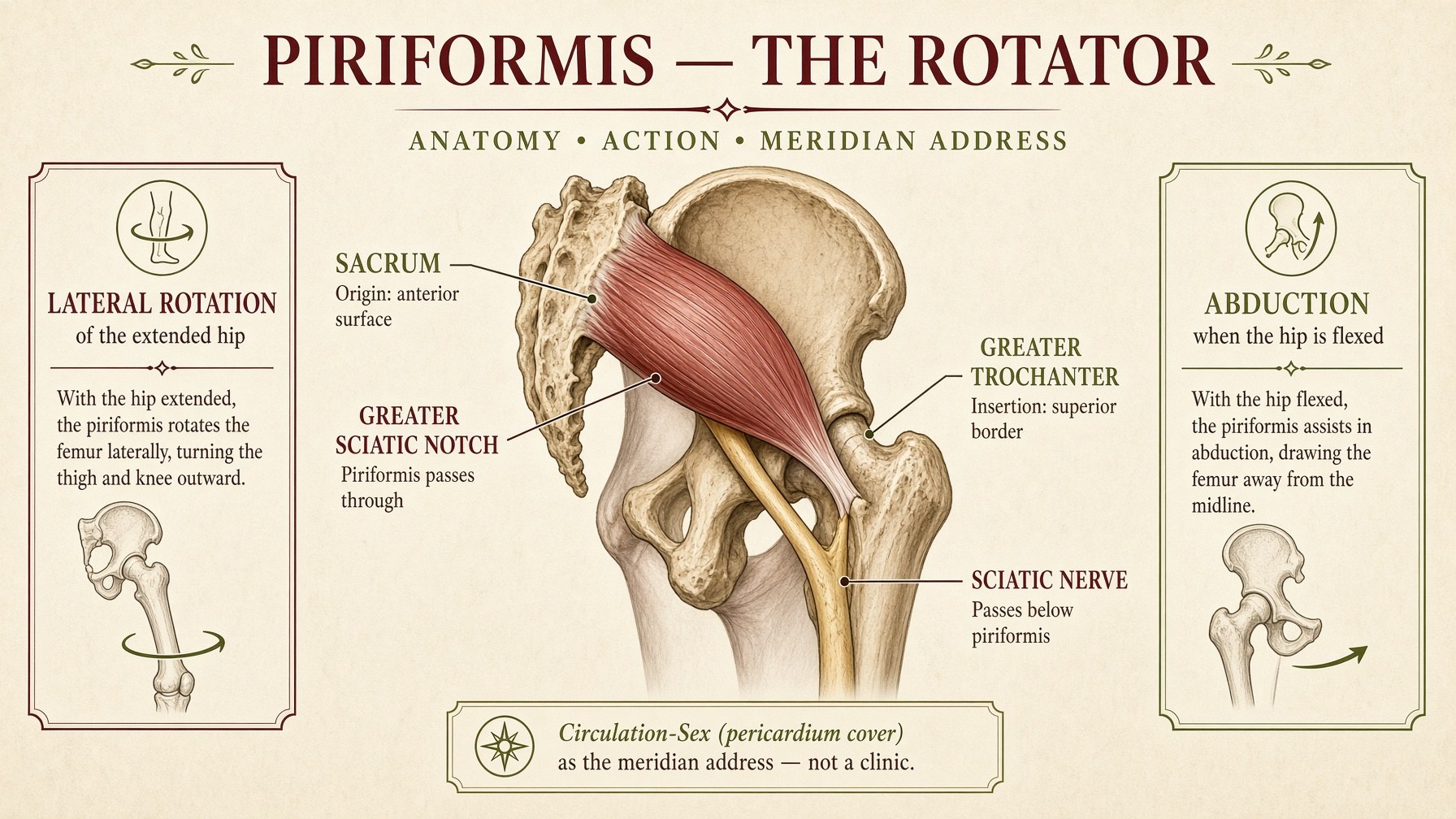 Poster: piriformis from anterior sacrum through the sciatic notch to the greater trochanter — lateral rotation