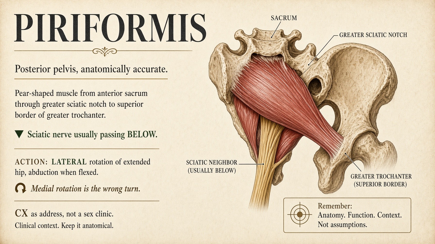 Banner: piriformis from sacrum through the notch to the trochanter — lateral rotation