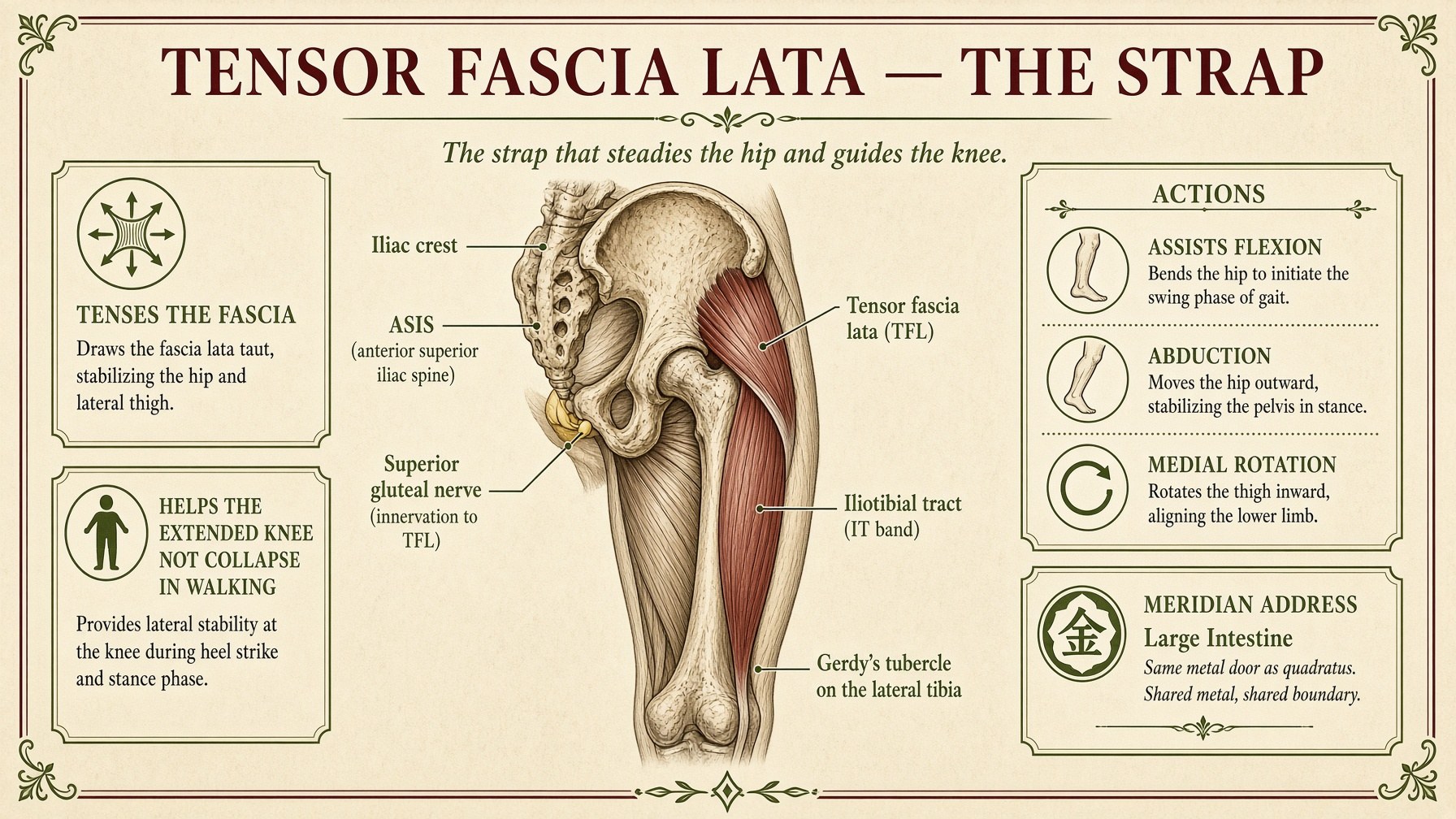 Poster: tensor fascia lata from the iliac crest into the IT band to Gerdy's tubercle