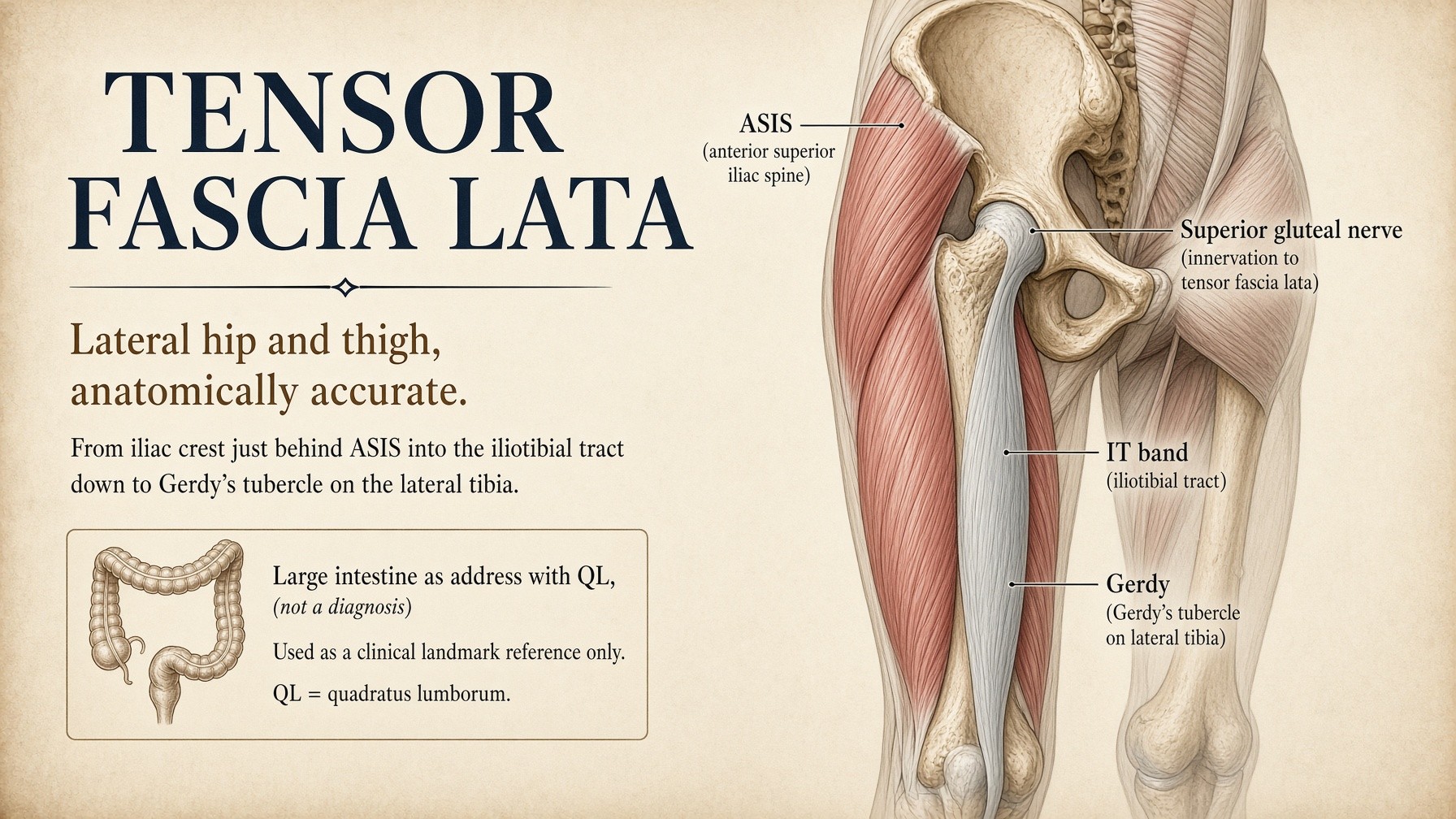 Banner: tensor fascia lata from the iliac crest into the IT band to Gerdy's tubercle