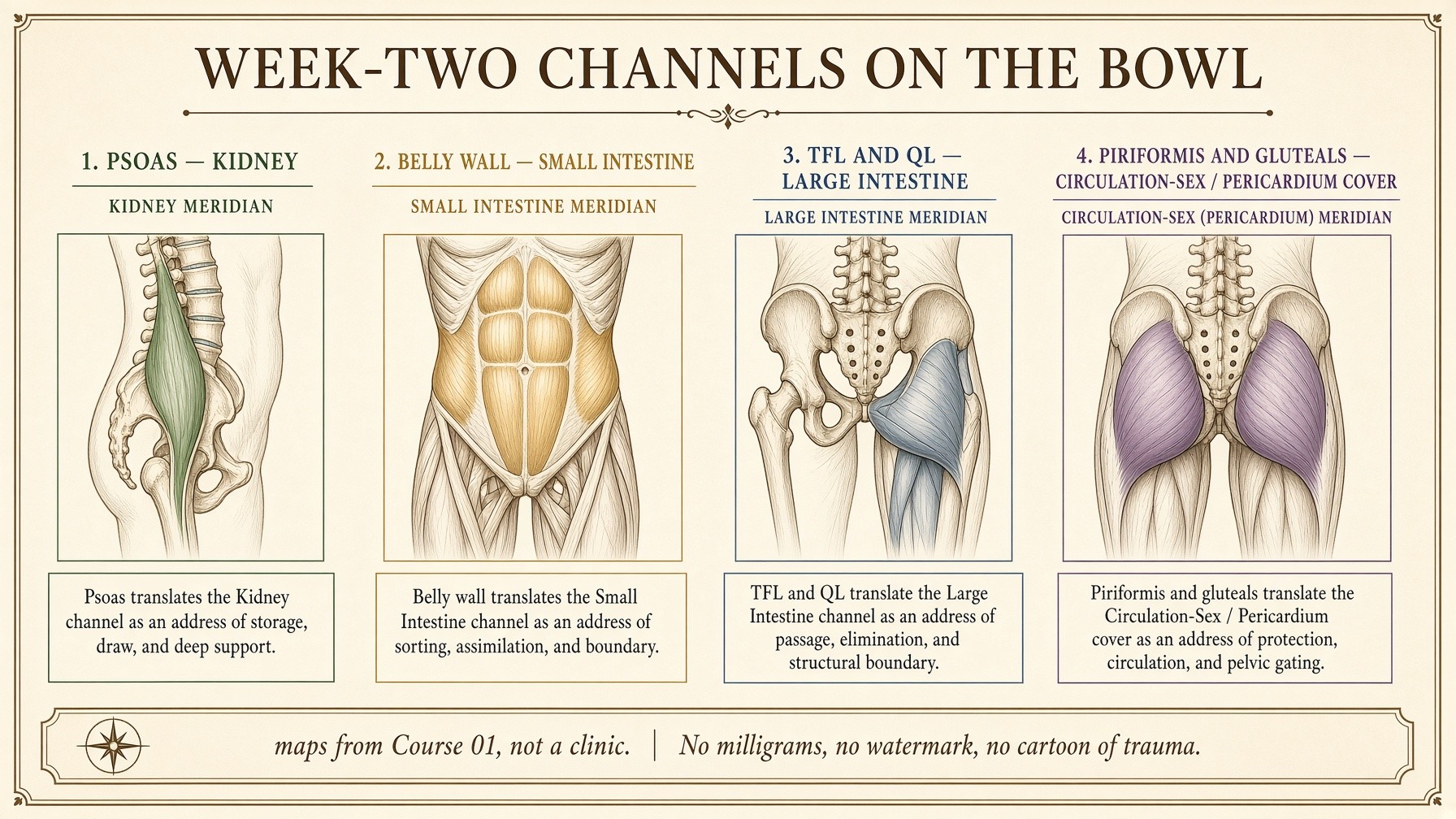 Banner: week-two channels on the bowl — kidney, SI, LI, CX as addresses