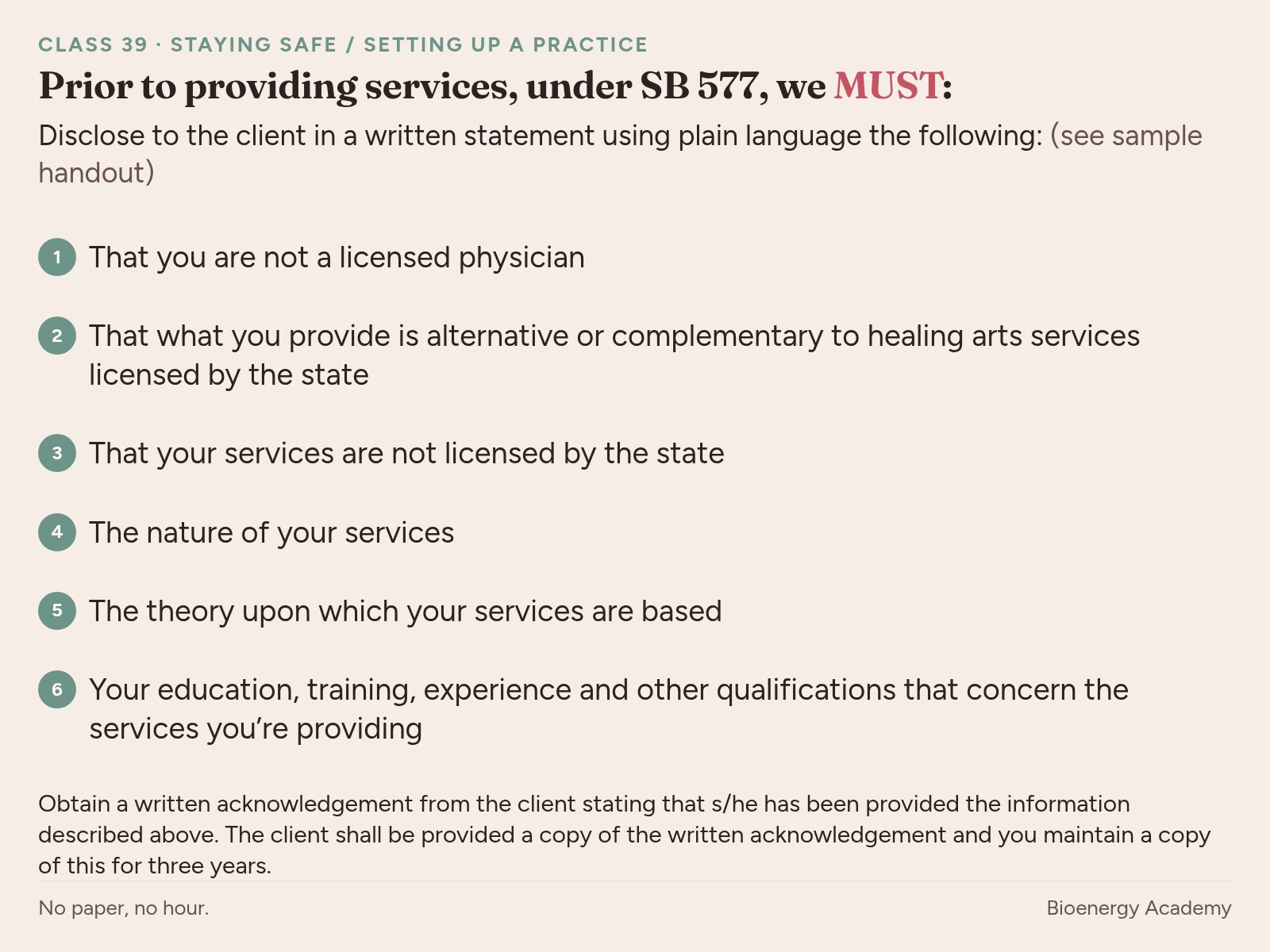 Chart 39-2: SB 577 musts — disclosure in plain language and a written acknowledgement