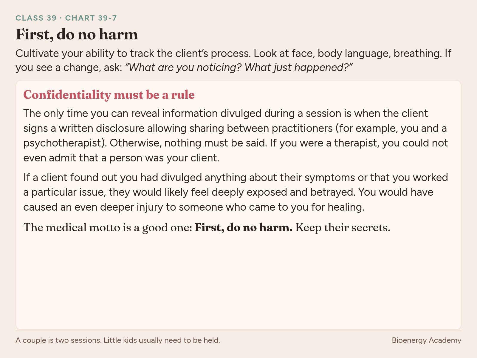 Chart 39-7: confidentiality — first, do no harm; keep their secrets