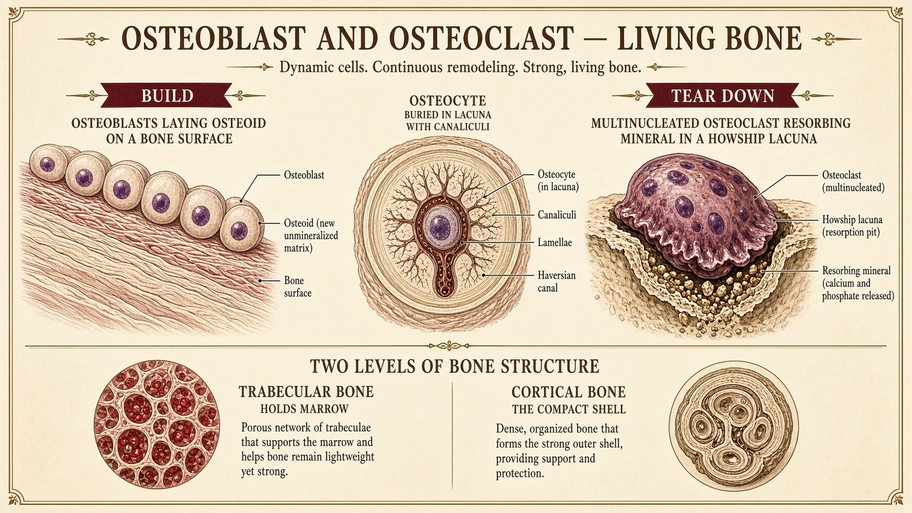 Poster: osteoblast builds, osteoclast tears down, osteocyte buried in mineral