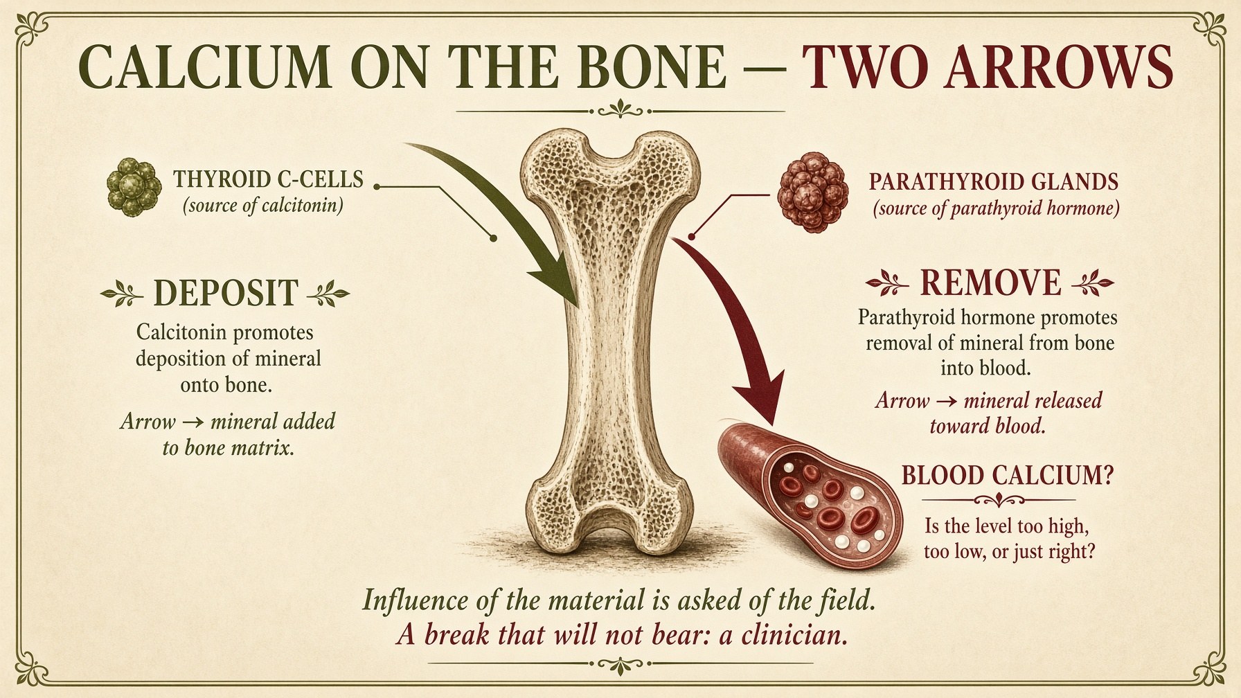 Poster: calcitonin deposits mineral, parathyroid hormone removes it — two arrows