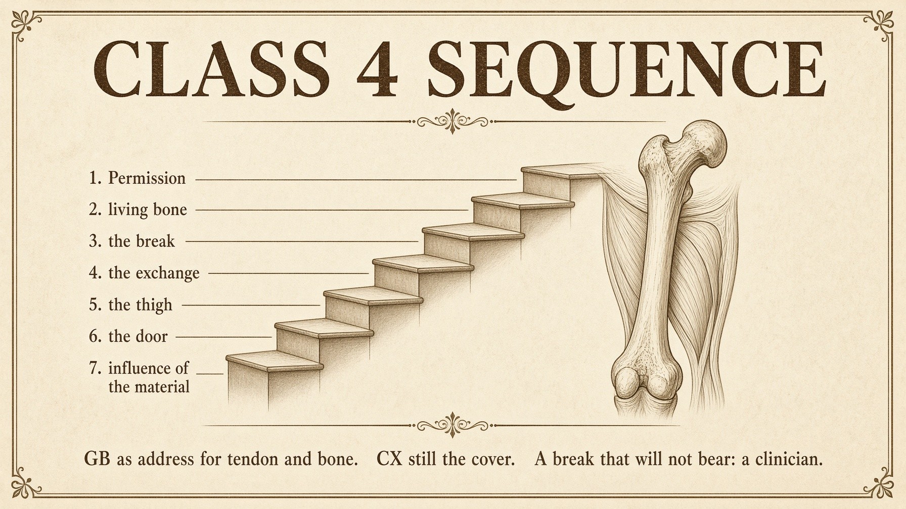 Banner: Class 4 sequence — living bone, the exchange, the thigh, influence