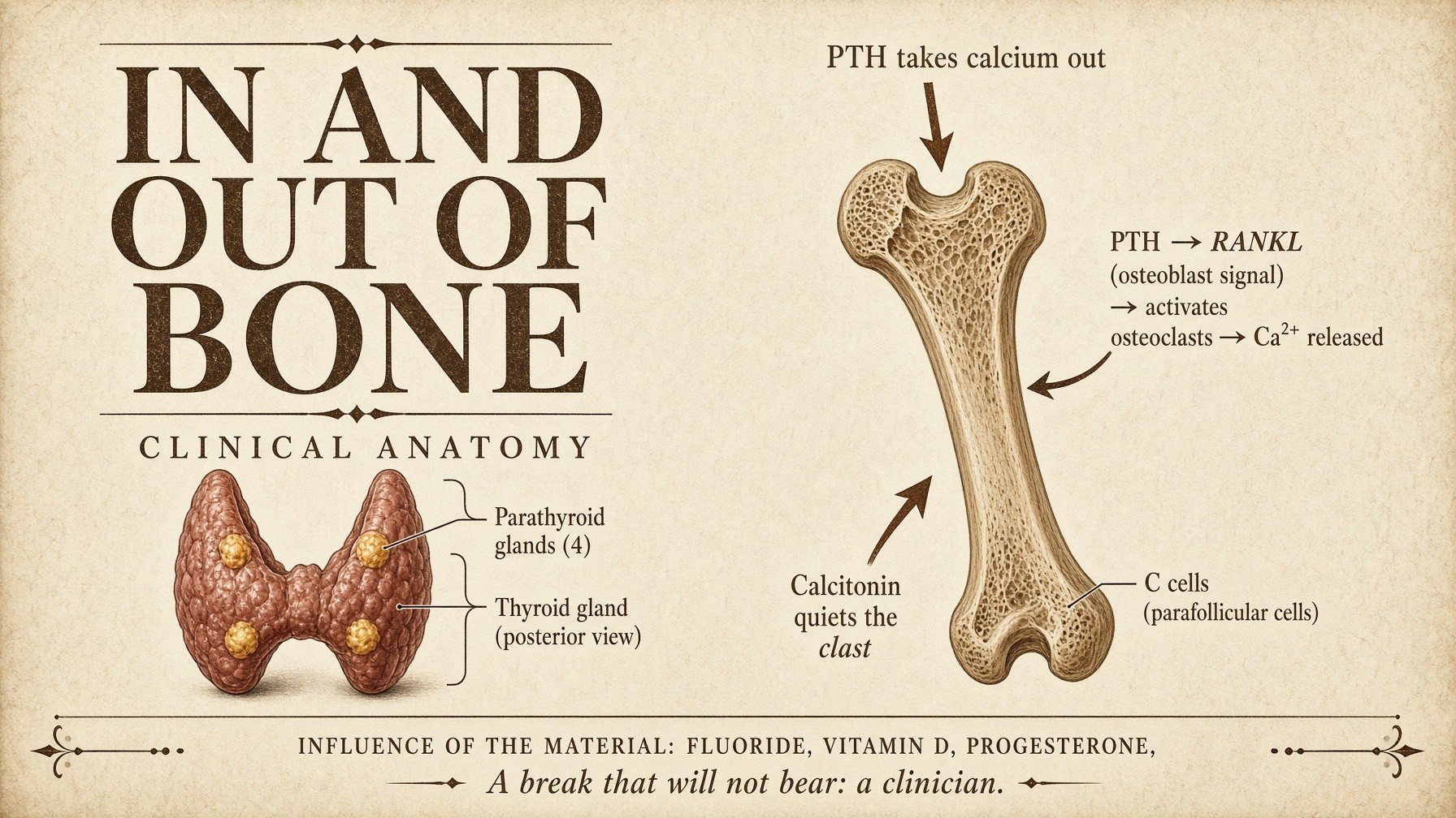 Banner: four parathyroid glands, PTH out, calcitonin in