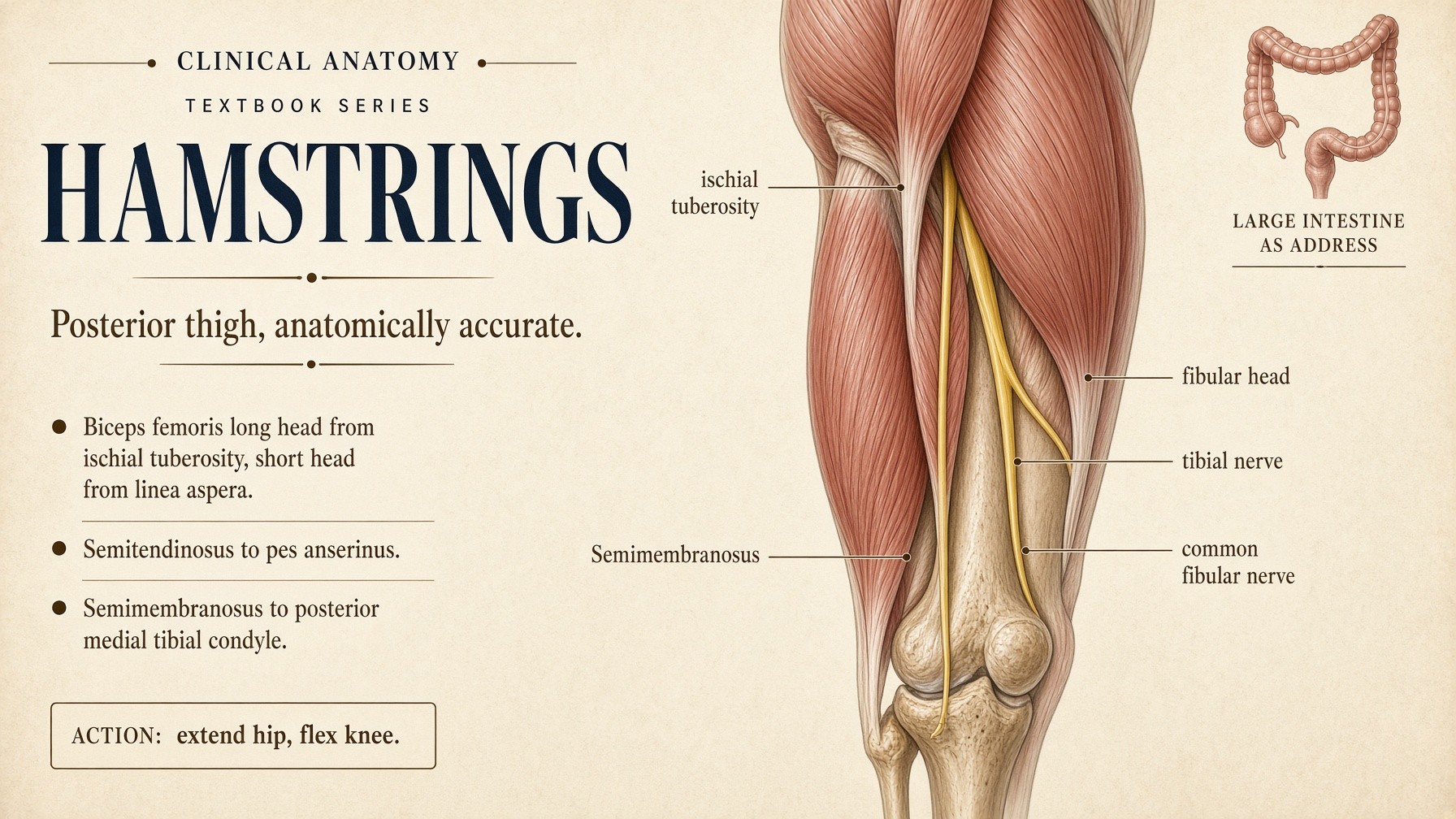 Banner: hamstrings — long heads from the ischium, short head from the femur