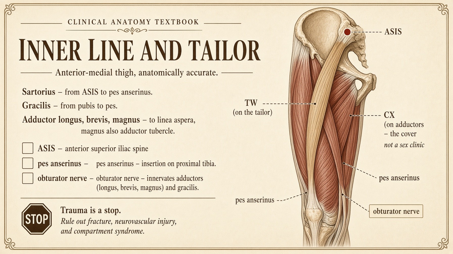 Banner: sartorius, gracilis, adductors — the inner line and the tailor