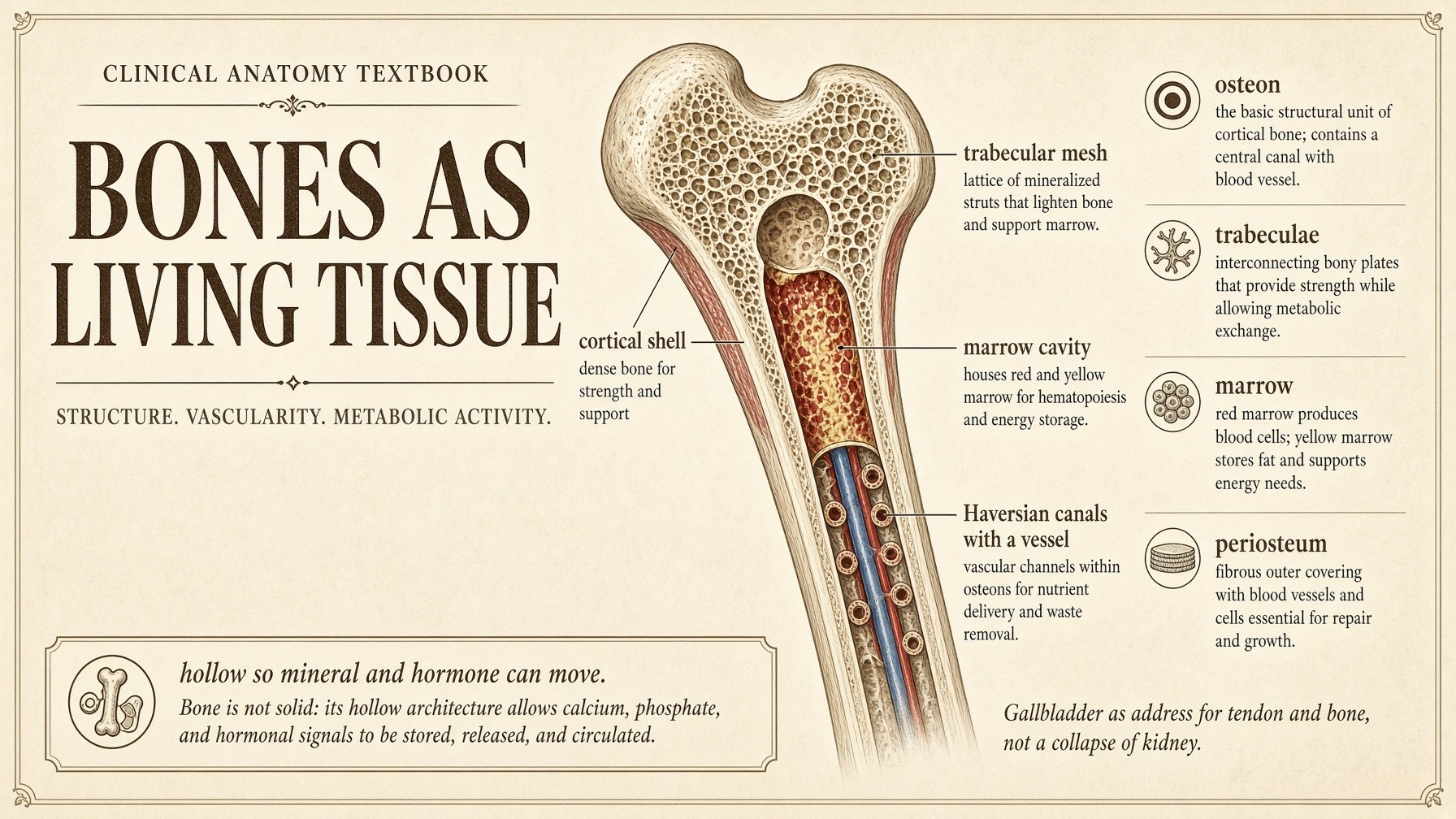 Banner: femur cutaway — cortical shell, trabeculae, marrow, osteon