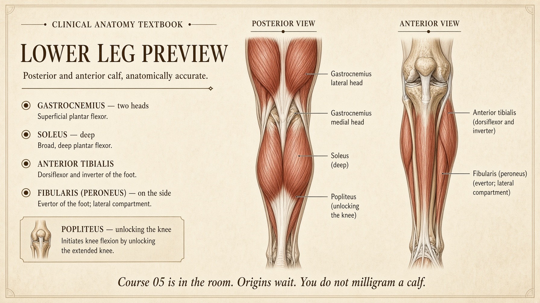 Banner: lower-leg preview — popliteus, gastroc, soleus, tibialis, fibularis