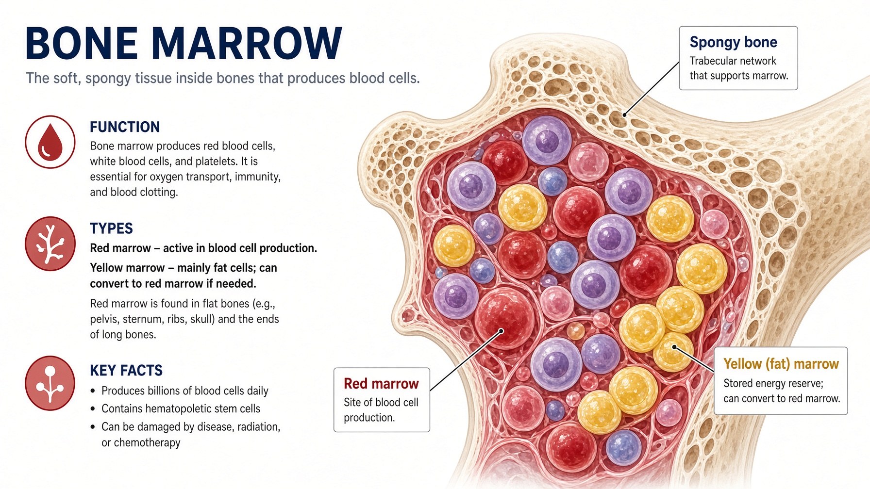Poster: red marrow versus yellow marrow — function, types, key facts