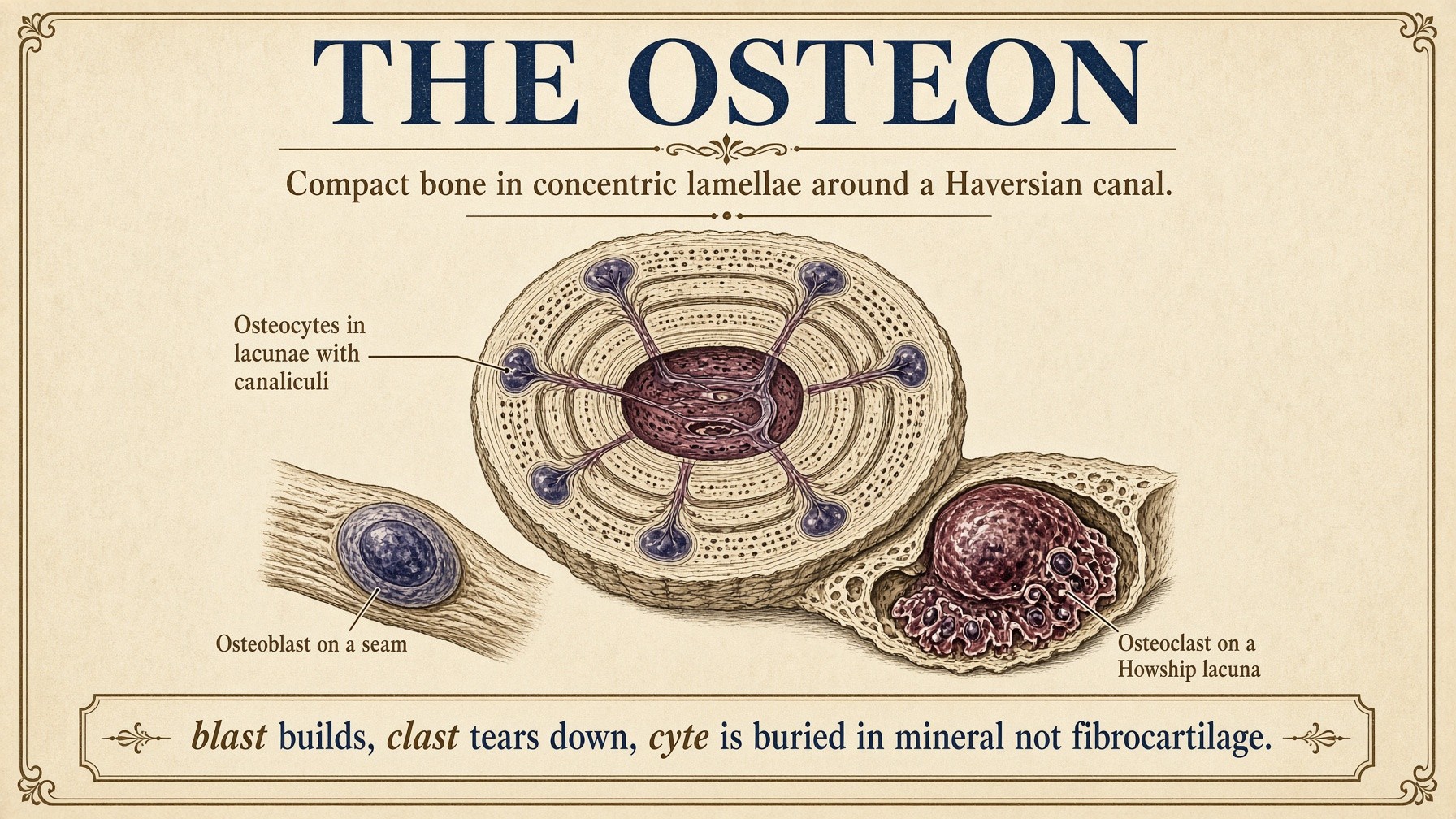 Banner: the osteon — lamellae, Haversian canal, blast, clast, cyte in mineral