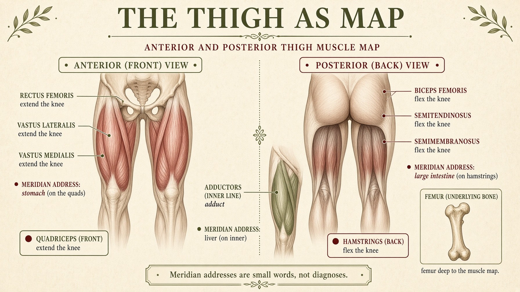 Poster: anterior and posterior thigh as a map — quads, hamstrings, adductors