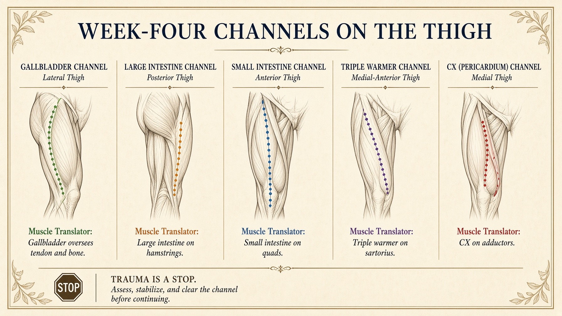 Banner: week-four channels — GB, LI, SI, TW, CX as addresses on the thigh