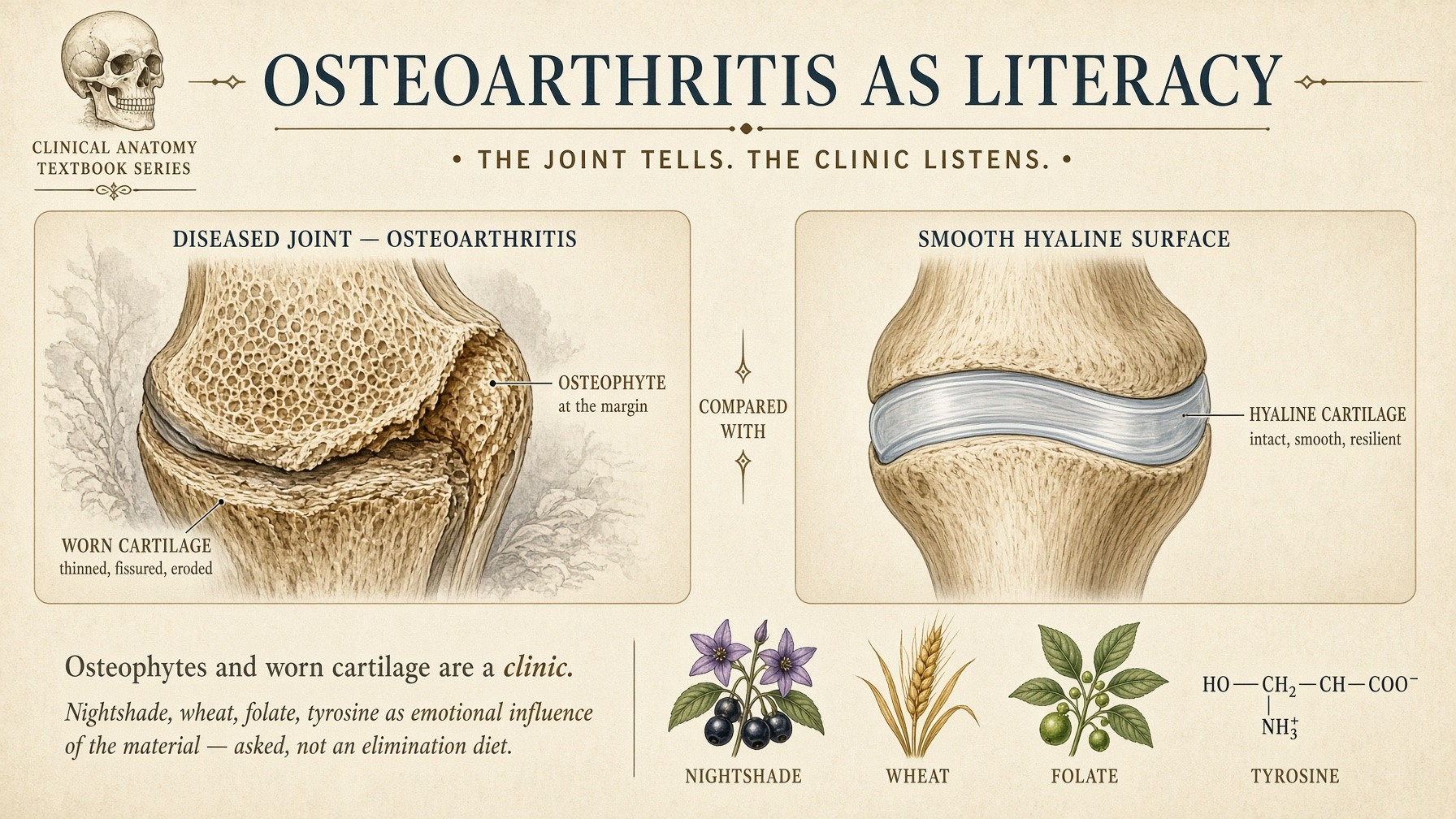 Banner: osteoarthritis as literacy — worn cartilage, osteophyte, a clinic
